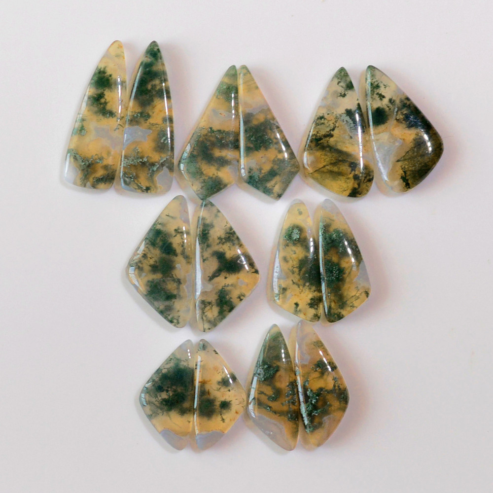 Image of 7 Pairs 155 Cts Natural Green Moss Agate Cabochon Gemstone Earrings Pairs Lot 31x9 21x9mm #18729