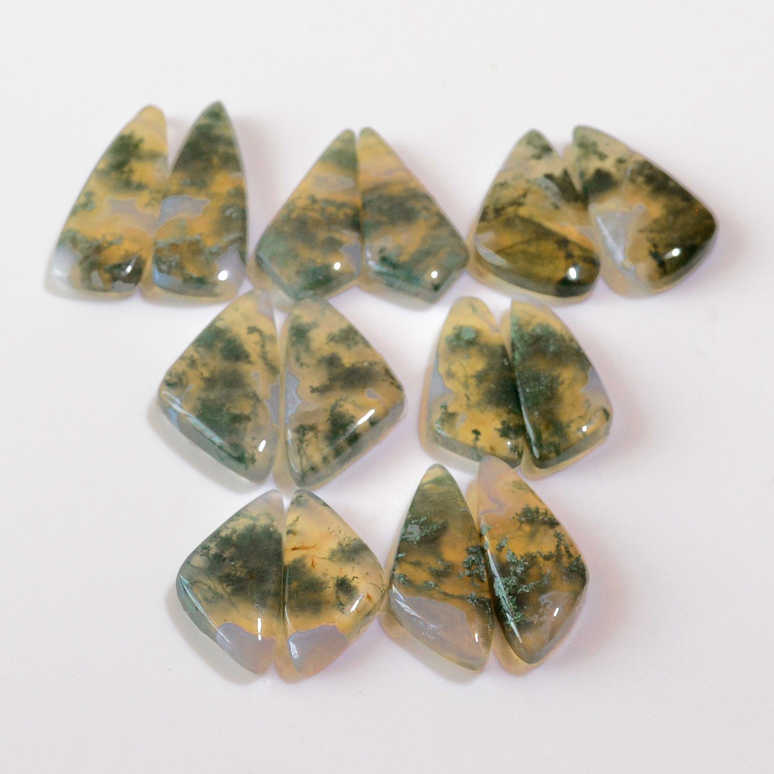 7 Pairs 155 Cts Natural Green Moss Agate Cabochon Gemstone Earrings Pairs Lot 31x9 21x9mm 18729