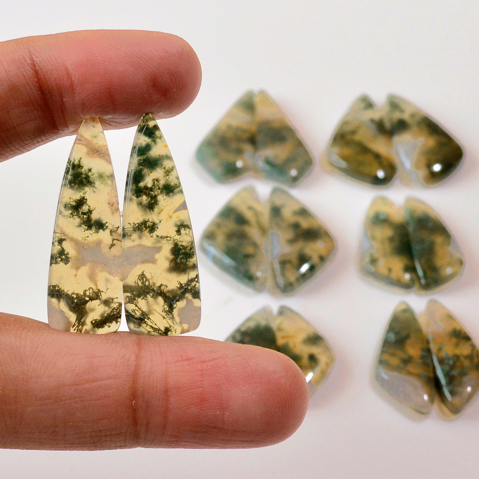 7 Pairs 155 Cts Natural Green Moss Agate Cabochon Gemstone Earrings Pairs Lot 31x9 21x9mm 18729