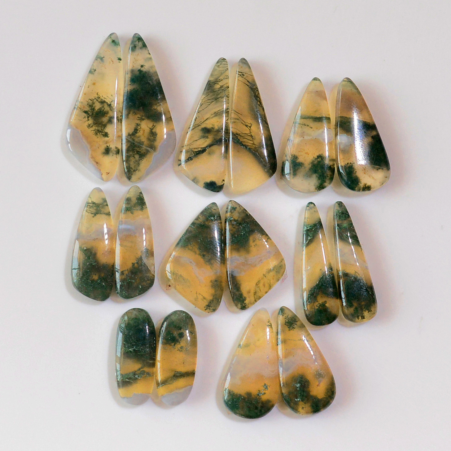 8 Pairs 140 Cts Natural Green Moss Agate Cabochon Gemstone Earrings Pairs Lot 30x9 18x6mm 18730