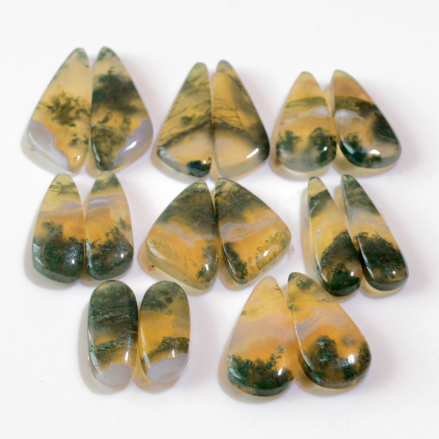 8 Pairs 140 Cts Natural Green Moss Agate Cabochon Gemstone Earrings Pairs Lot 30x9 18x6mm 18730
