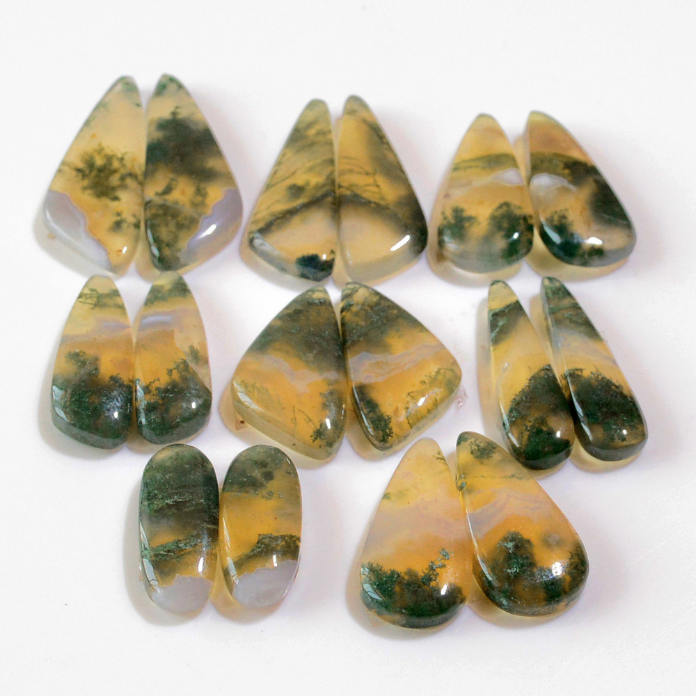 Image of 8 Pairs 140 Cts Natural Green Moss Agate Cabochon Gemstone Earrings Pairs Lot 30x9 18x6mm #18730