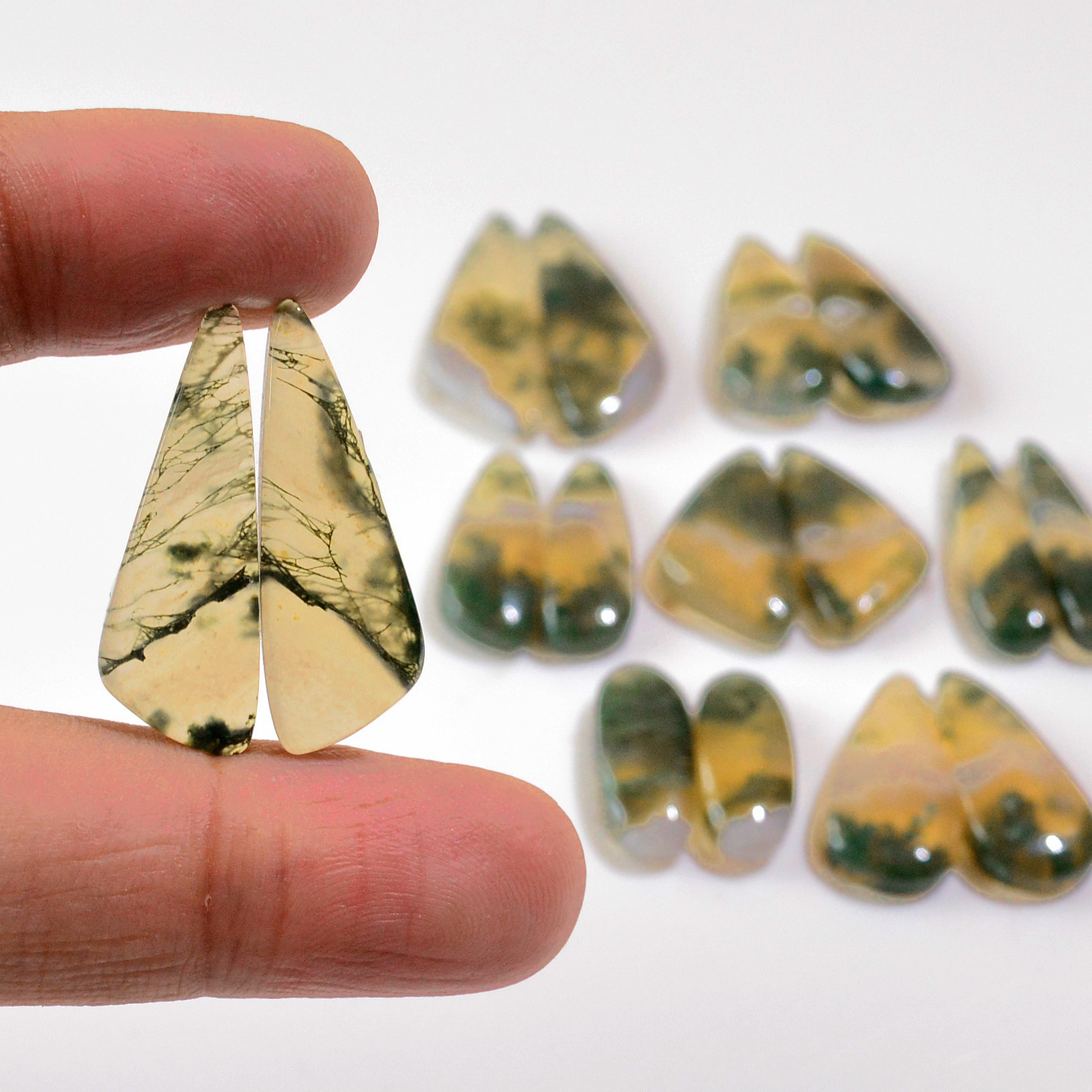 8 Pairs 140 Cts Natural Green Moss Agate Cabochon Gemstone Earrings Pairs Lot 30x9 18x6mm 18730