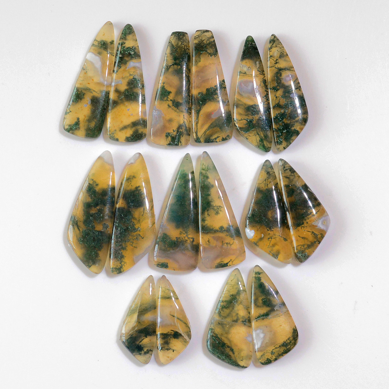 8 Pairs 195 Cts Natural Green Moss Agate Cabochon Gemstone Earrings Pairs Lot 32x10 22x8mm 18731