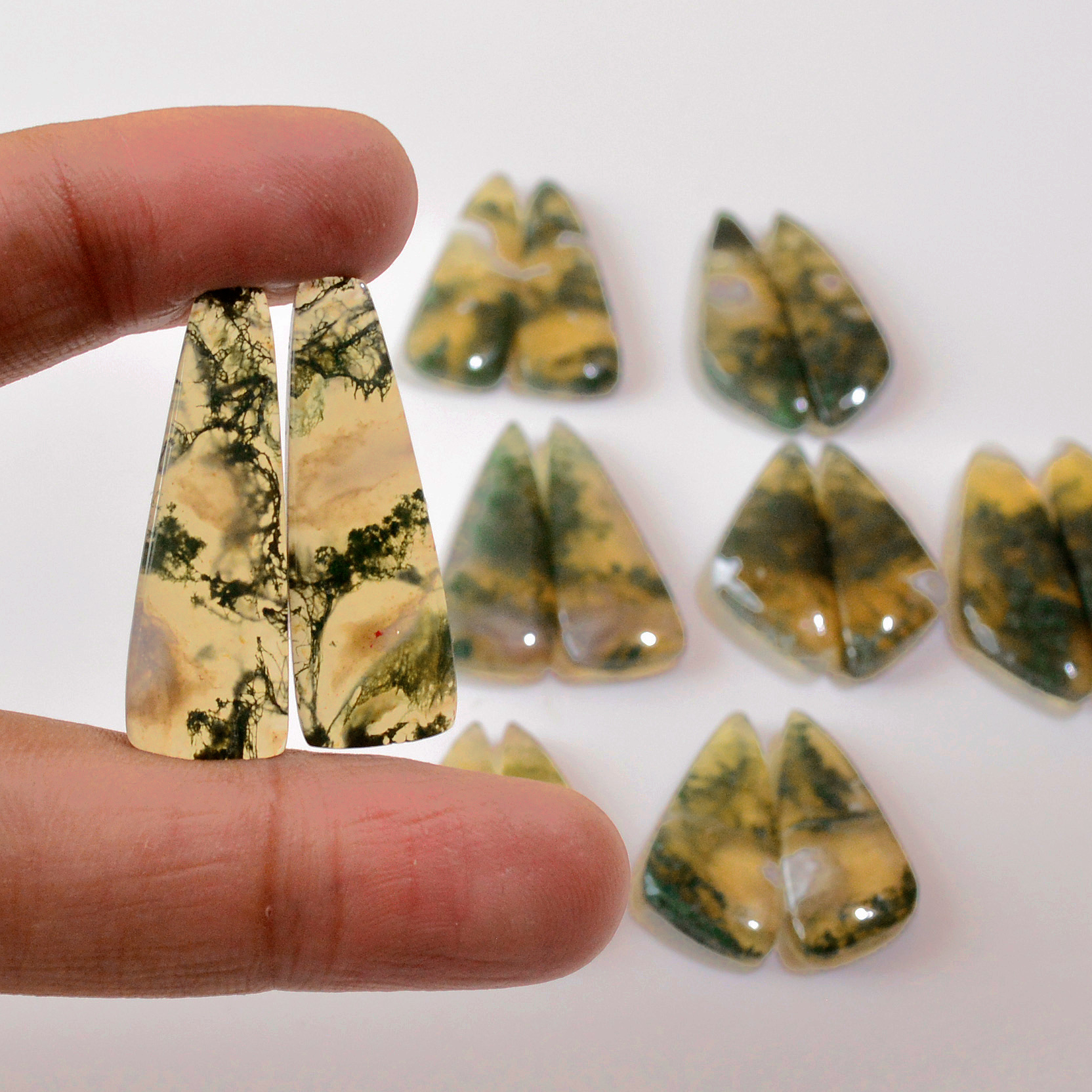 8 Pairs 195 Cts Natural Green Moss Agate Cabochon Gemstone Earrings Pairs Lot 32x10 22x8mm 18731
