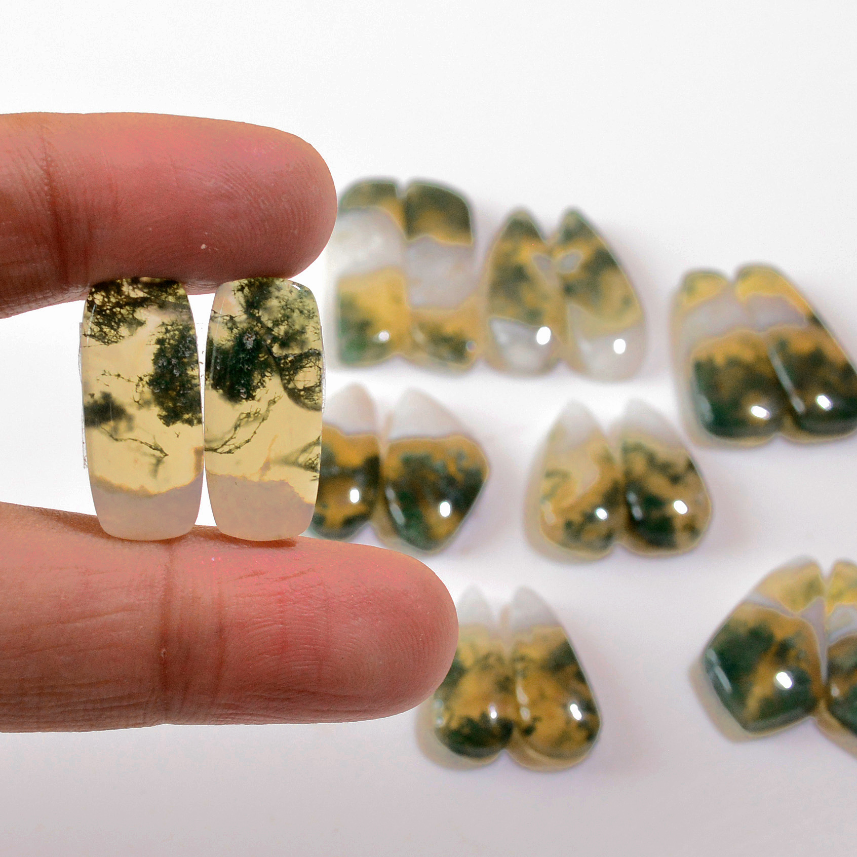 8 Pairs 165 Cts Natural Green Moss Agate Cabochon Gemstone Earrings Pairs Lot 29x7 20x8mm 18732