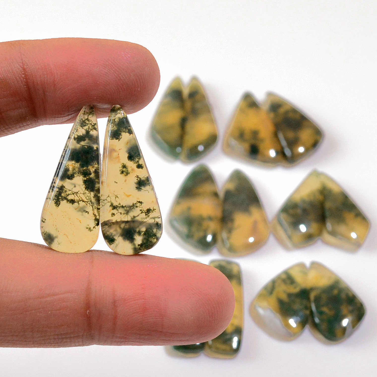 7 Pairs 155 Cts Natural Green Moss Agate Cabochon Gemstone Earrings Pairs Lot 30x7 21x11mm 18733