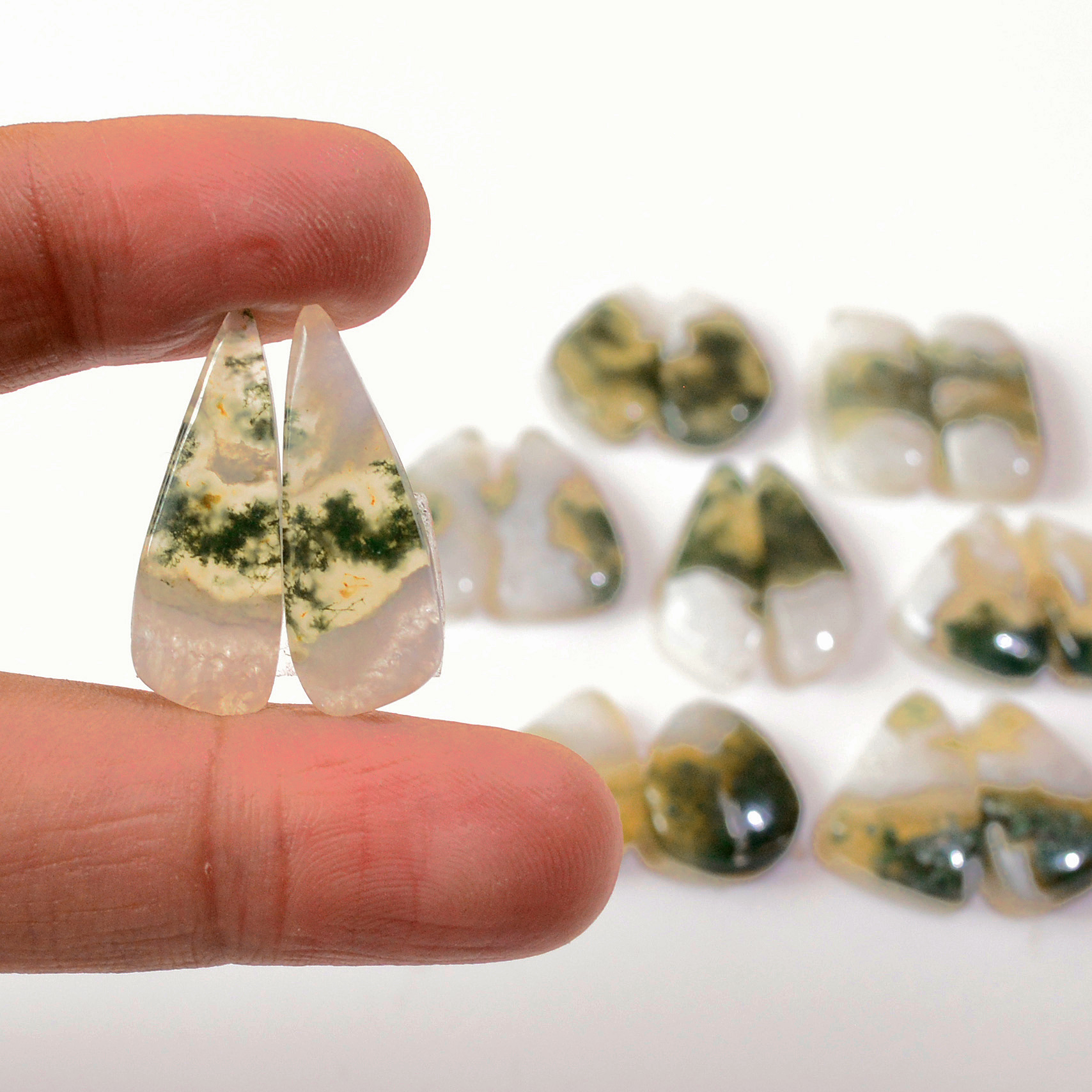 8 Pairs 145 Cts Natural Green Moss Agate Cabochon Gemstone Earrings Pairs Lot 25x7 17x11mm 18734