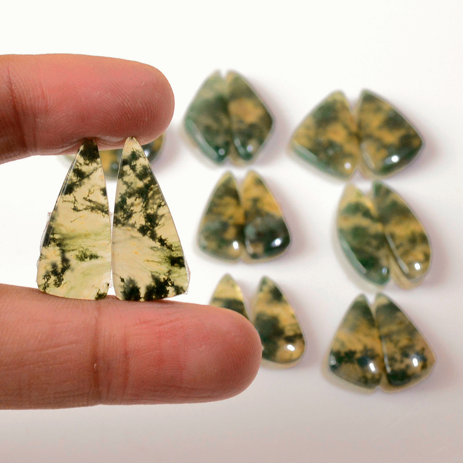 8 Pairs 135 Cts Natural Green Moss Agate Cabochon Gemstone Earrings Pairs Lot 27x9 19x8mm 18735