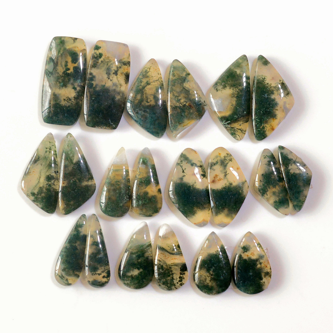 10 Pairs 150 Cts Natural Green Moss Agate Cabochon Gemstone Earrings Pairs Lot 24x10 17x8mm 18737