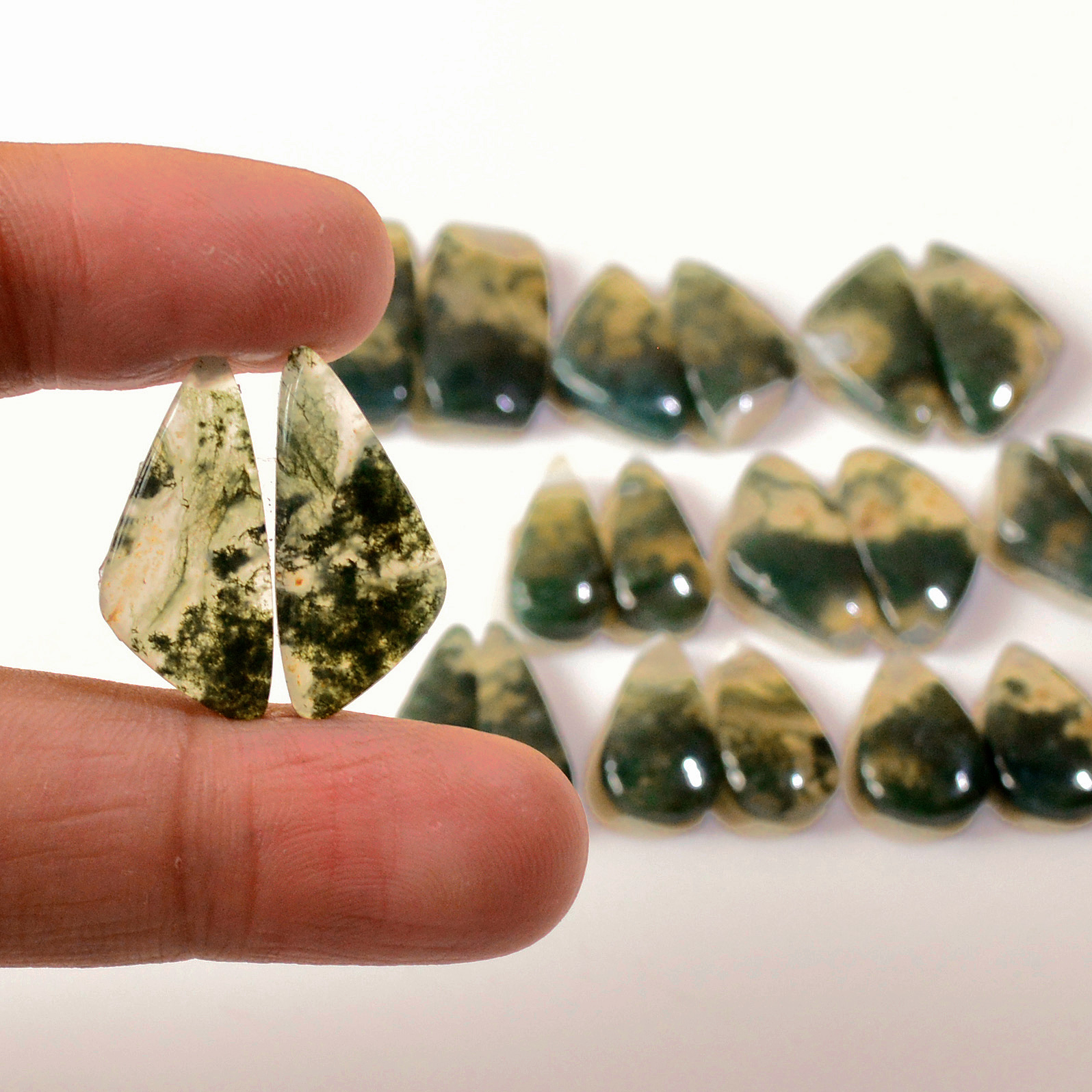 10 Pairs 150 Cts Natural Green Moss Agate Cabochon Gemstone Earrings Pairs Lot 24x10 17x8mm 18737