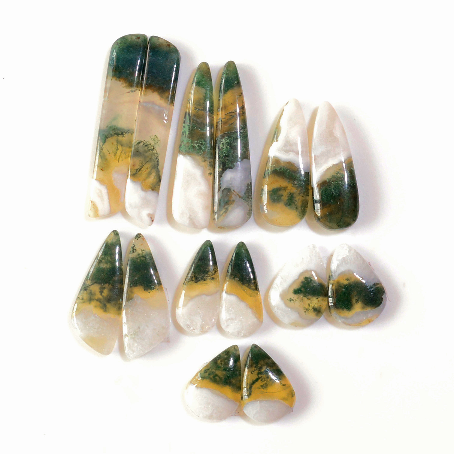 7 Pairs 130 Cts Natural Green Moss Agate Cabochon Gemstone Earrings Pairs Lot 39x5 14x10mm 18738