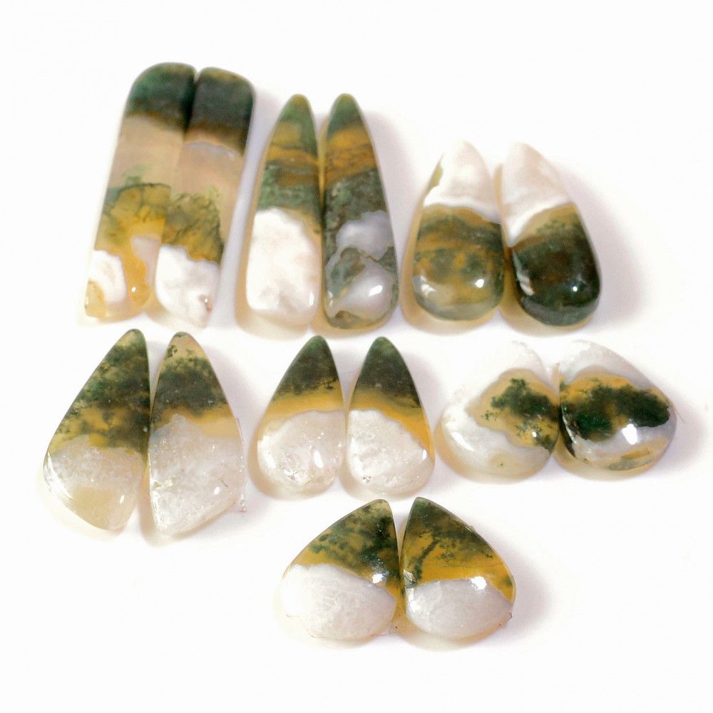 Image of 7 Pairs 130 Cts Natural Green Moss Agate Cabochon Gemstone Earrings Pairs Lot 39x5 14x10mm #18738