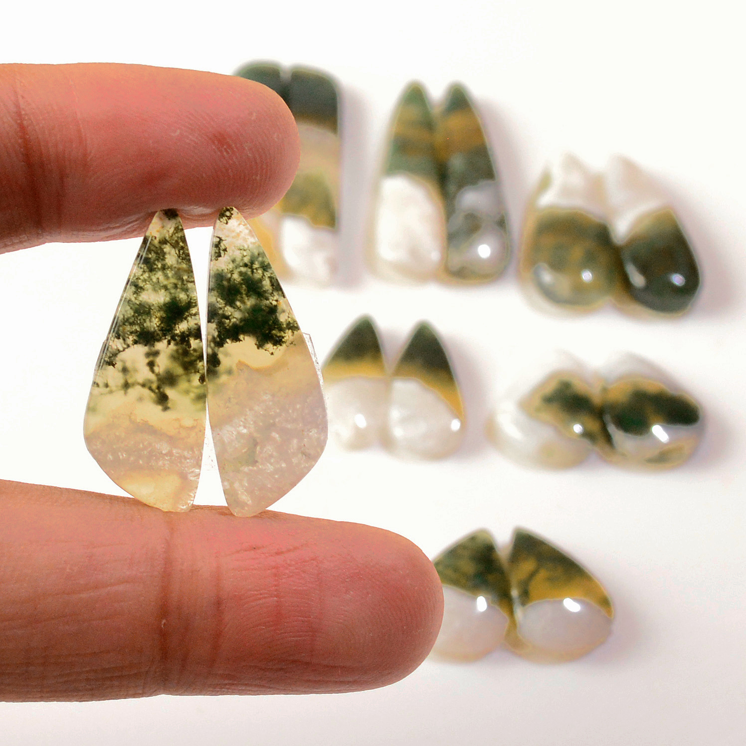 7 Pairs 130 Cts Natural Green Moss Agate Cabochon Gemstone Earrings Pairs Lot 39x5 14x10mm 18738