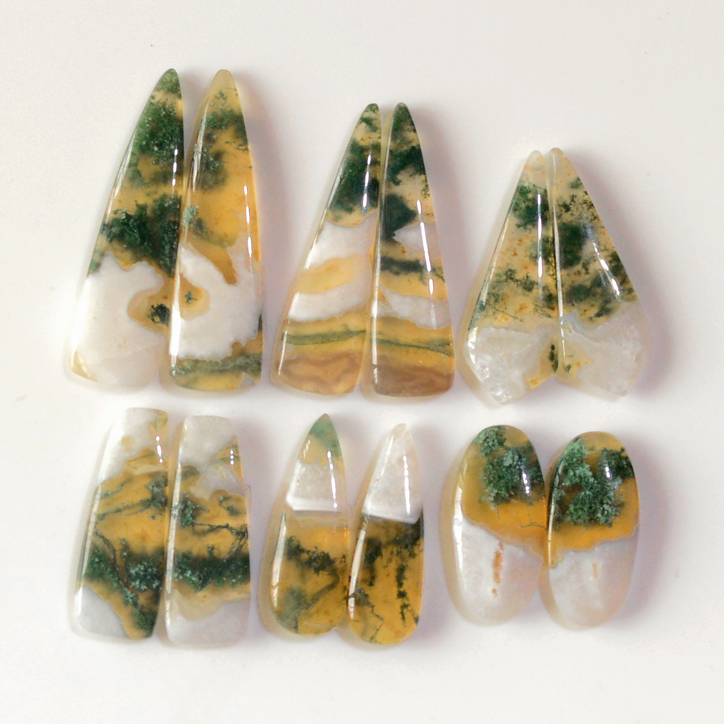 6 Pairs 135 Cts Natural Green Moss Agate Cabochon Gemstone Earrings Pairs Lot 38x9 22x9mm 18739