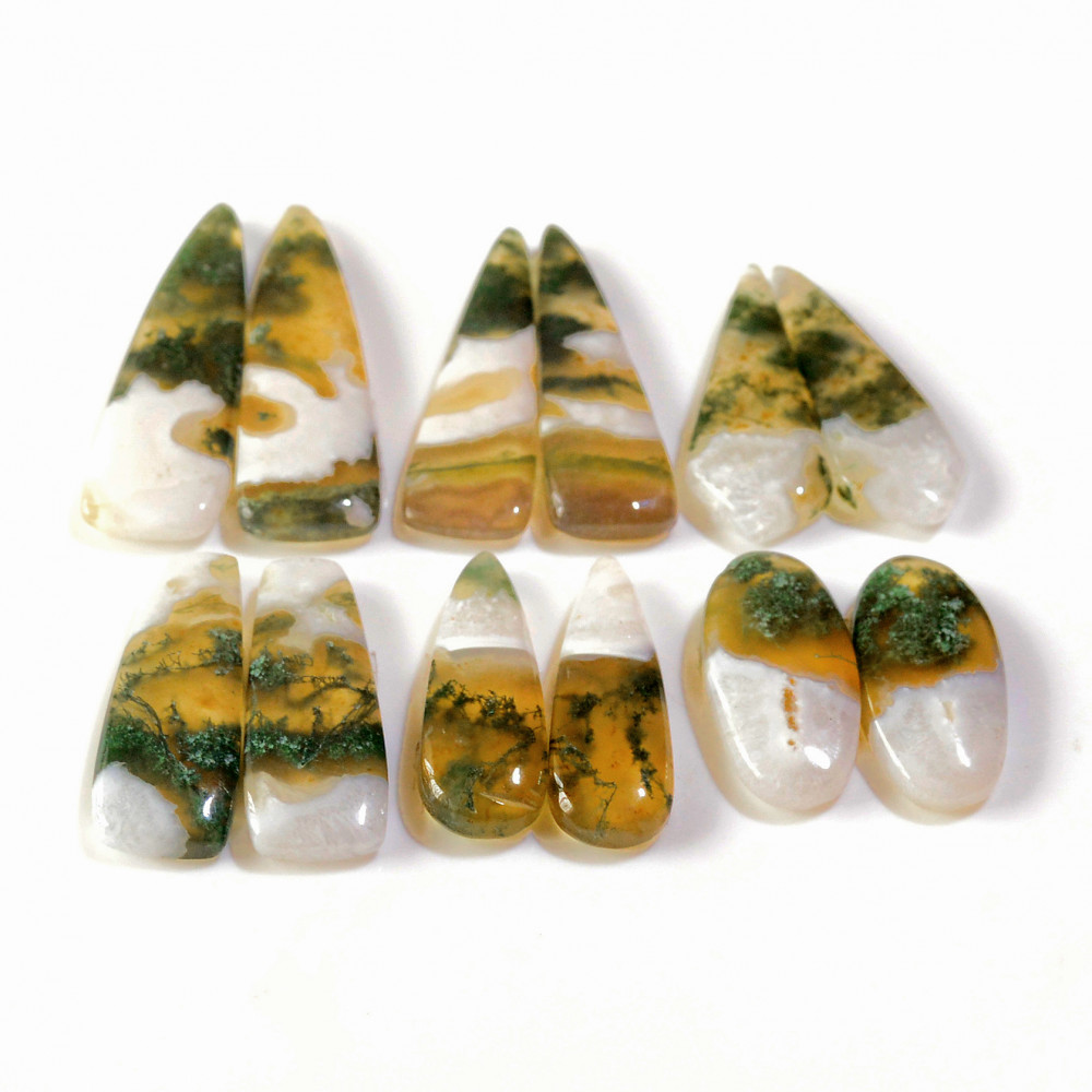 Image of 6 Pairs 135 Cts Natural Green Moss Agate Cabochon Gemstone Earrings Pairs Lot 38x9 22x9mm #18739