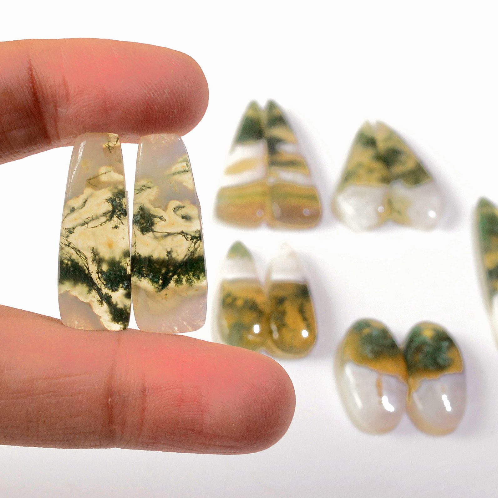 6 Pairs 135 Cts Natural Green Moss Agate Cabochon Gemstone Earrings Pairs Lot 38x9 22x9mm 18739