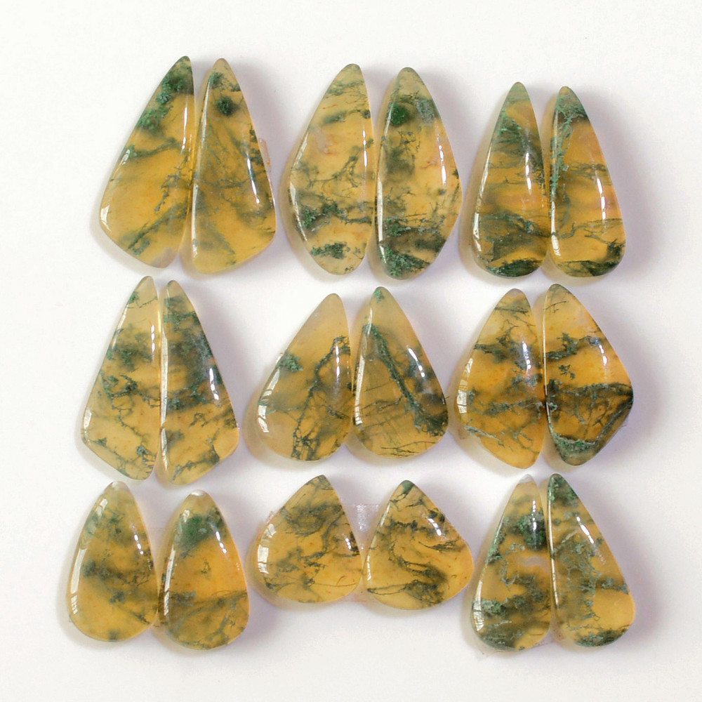 Image of 9 Pairs 140 Cts Natural Green Moss Agate Cabochon Gemstone Earrings Pairs Lot 25x9 14x11mm #18740