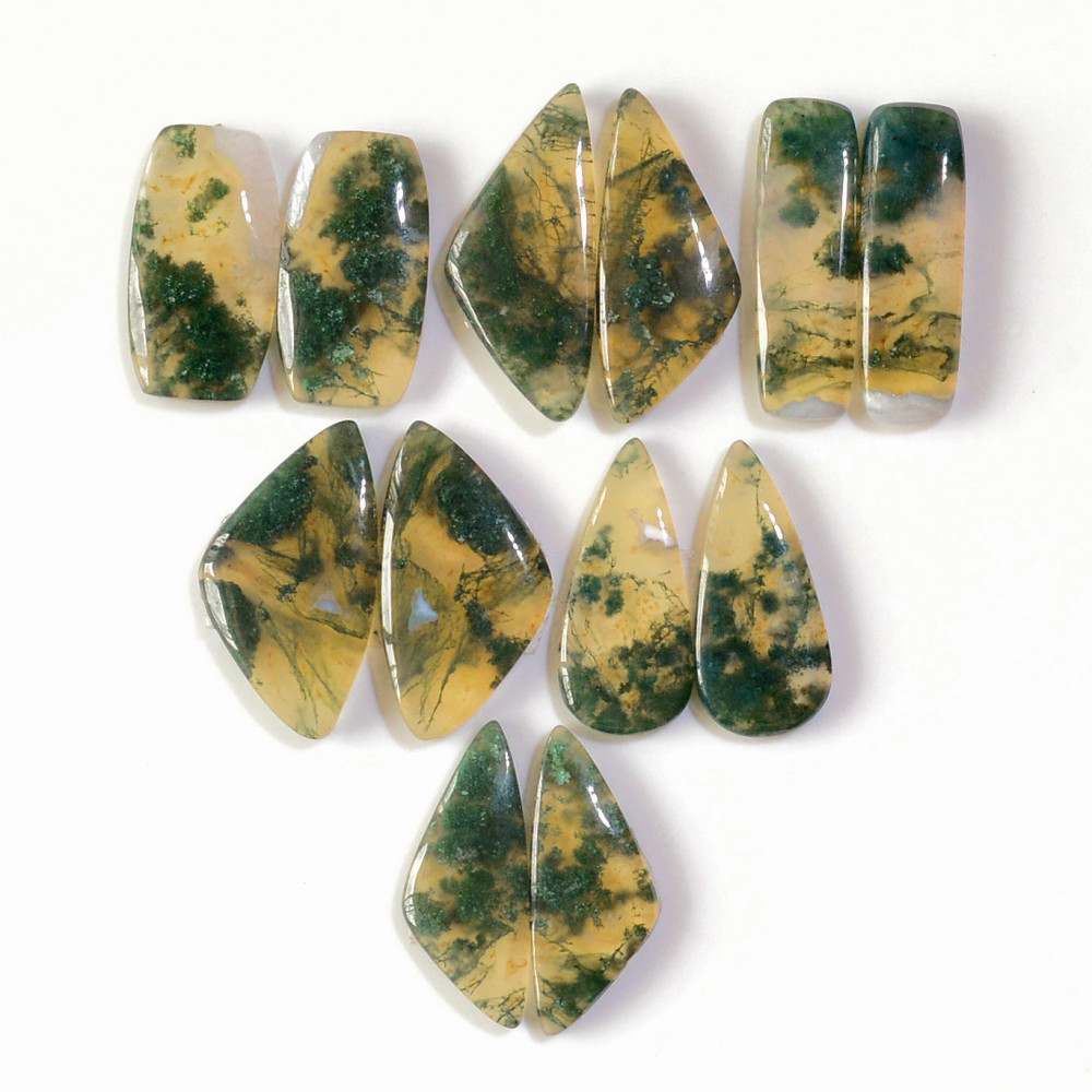 Image of 6 Pairs 130 Cts Natural Green Moss Agate Cabochon Gemstone Earrings Pairs Lot 29x11 25x8mm #18741