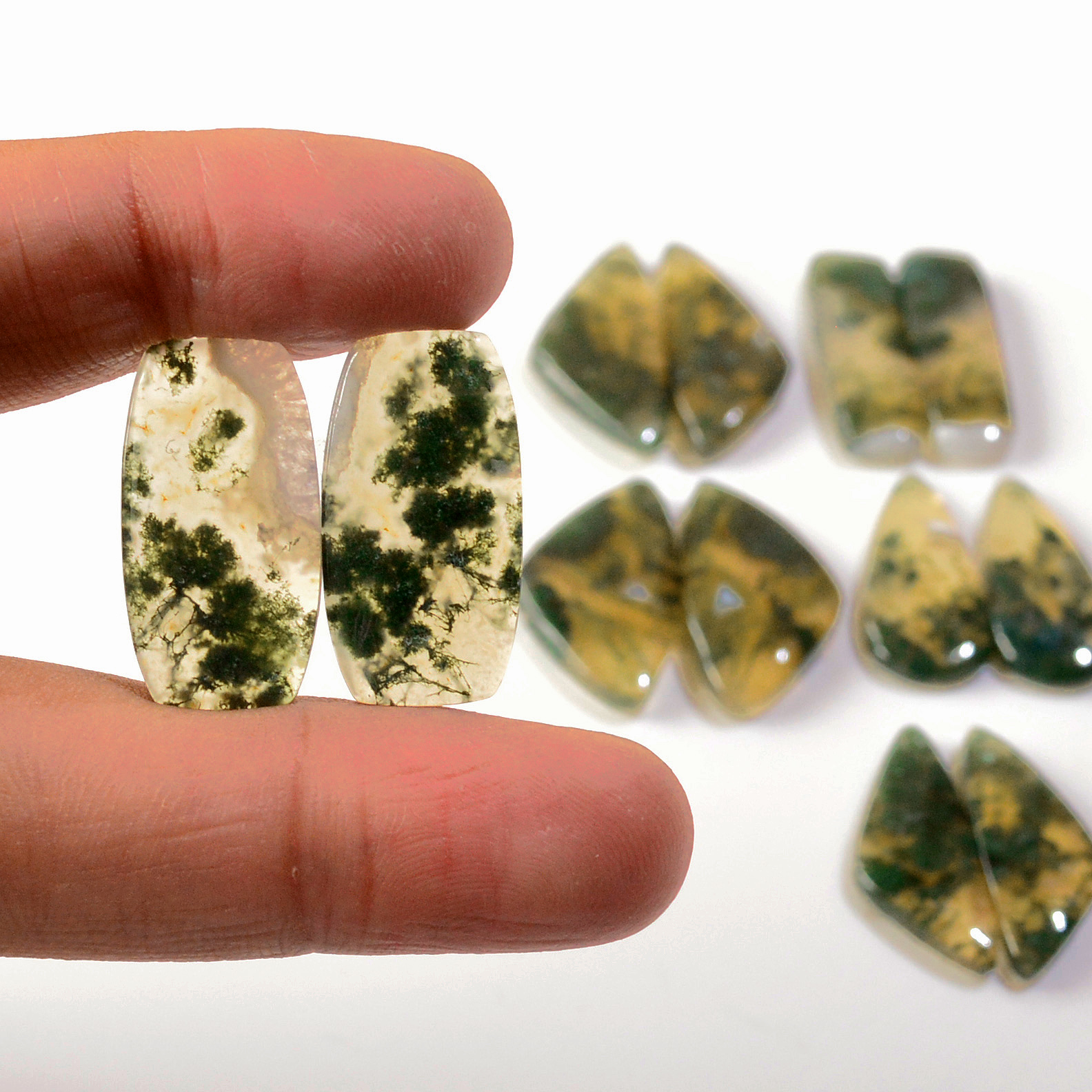 6 Pairs 130 Cts Natural Green Moss Agate Cabochon Gemstone Earrings Pairs Lot 29x11 25x8mm 18741