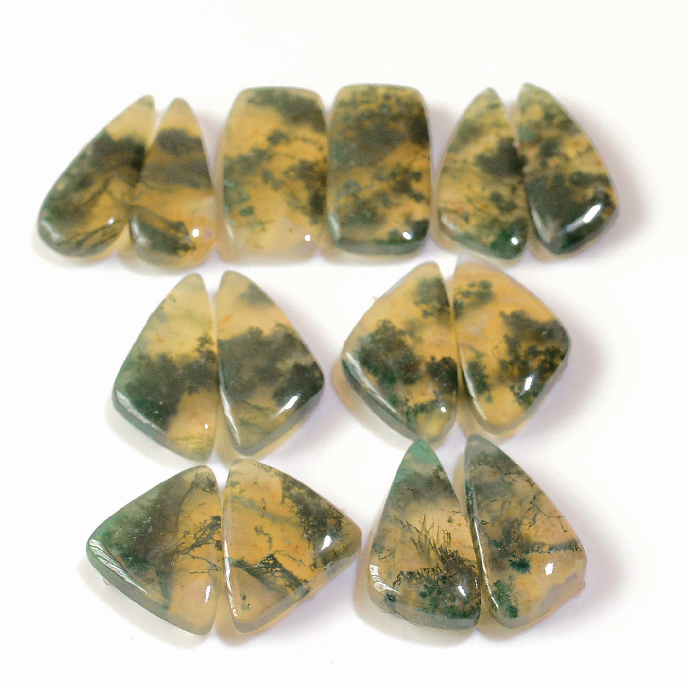 7 Pairs 130 Cts Natural Green Moss Agate Cabochon Gemstone Earrings Pairs Lot 23x10 18x12mm 18742