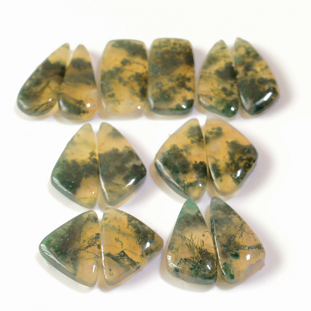 Image of 7 Pairs 130 Cts Natural Green Moss Agate Cabochon Gemstone Earrings Pairs Lot 23x10 18x12mm #18742