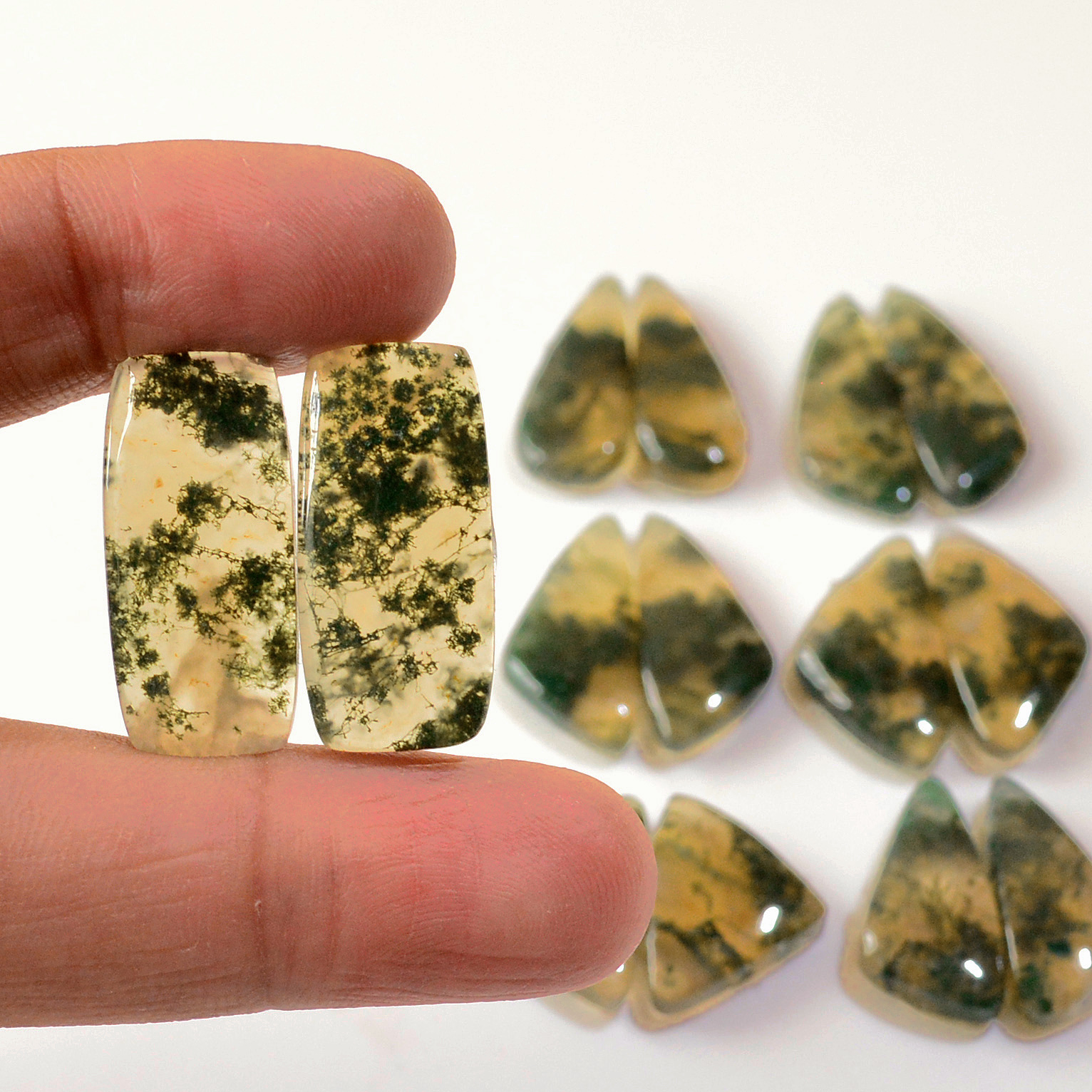 7 Pairs 130 Cts Natural Green Moss Agate Cabochon Gemstone Earrings Pairs Lot 23x10 18x12mm 18742