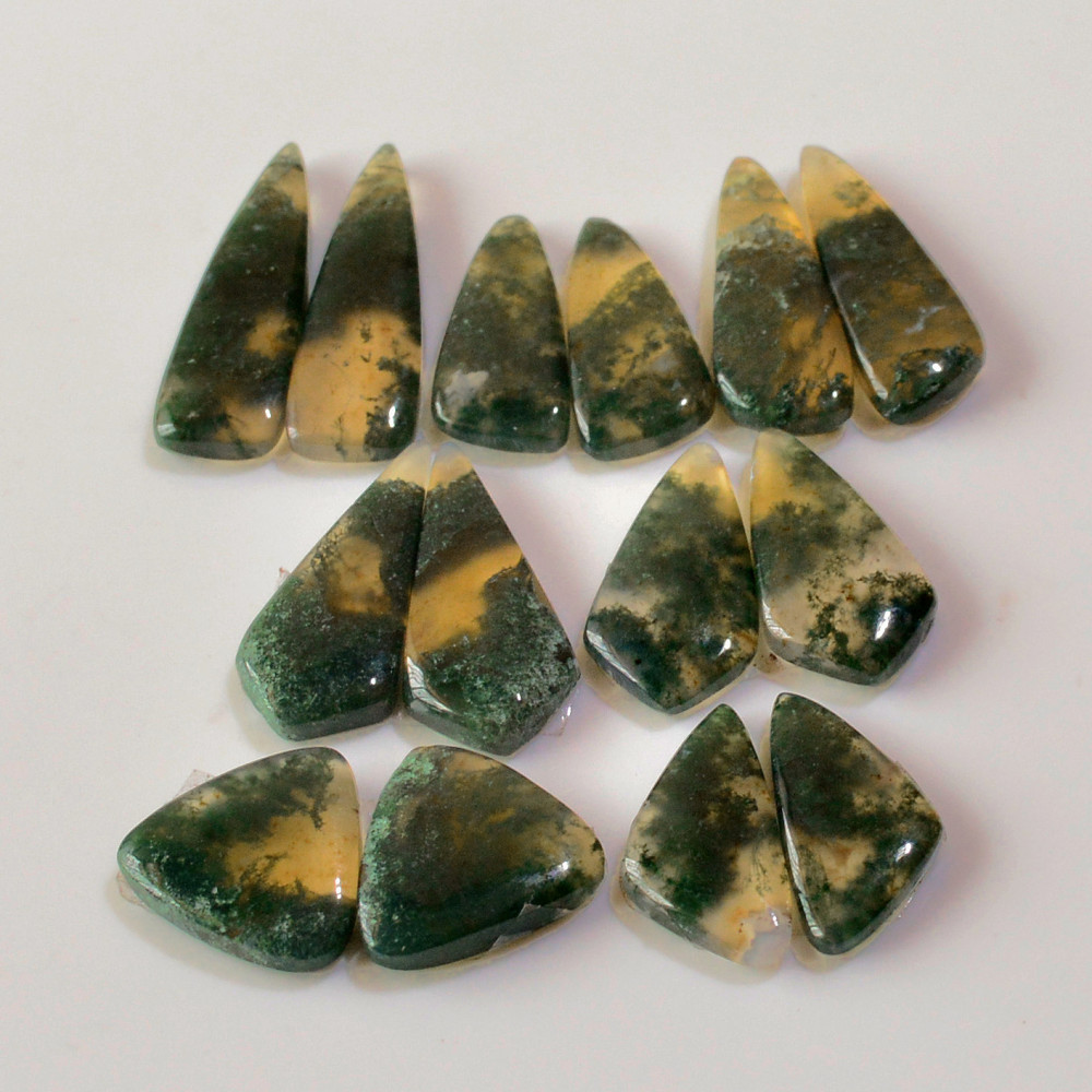Image of 7 Pairs 125 Cts Natural Green Moss Agate Cabochon Gemstone Earrings Pairs Lot 31x8 19x9mm #18743