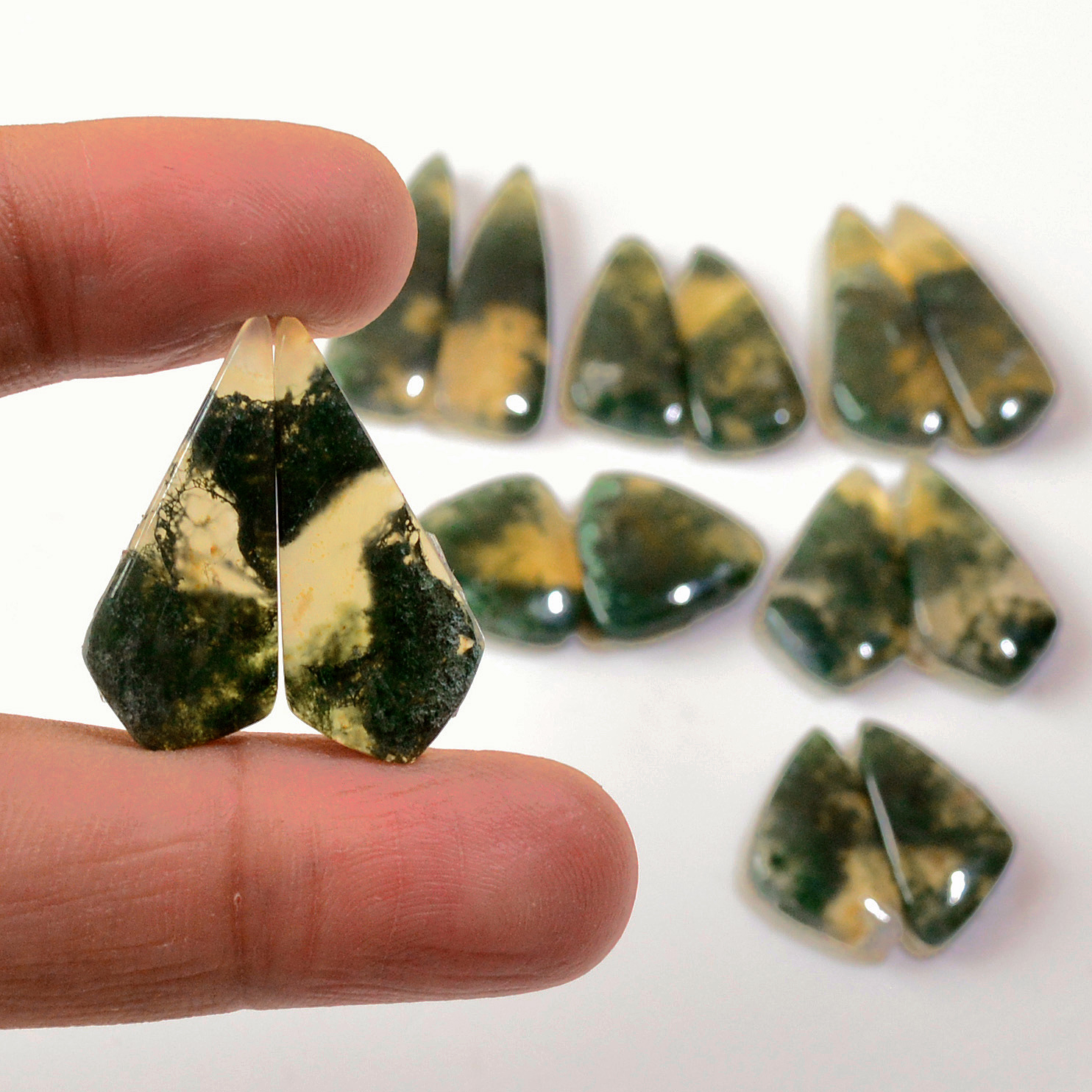 7 Pairs 125 Cts Natural Green Moss Agate Cabochon Gemstone Earrings Pairs Lot 31x8 19x9mm 18743