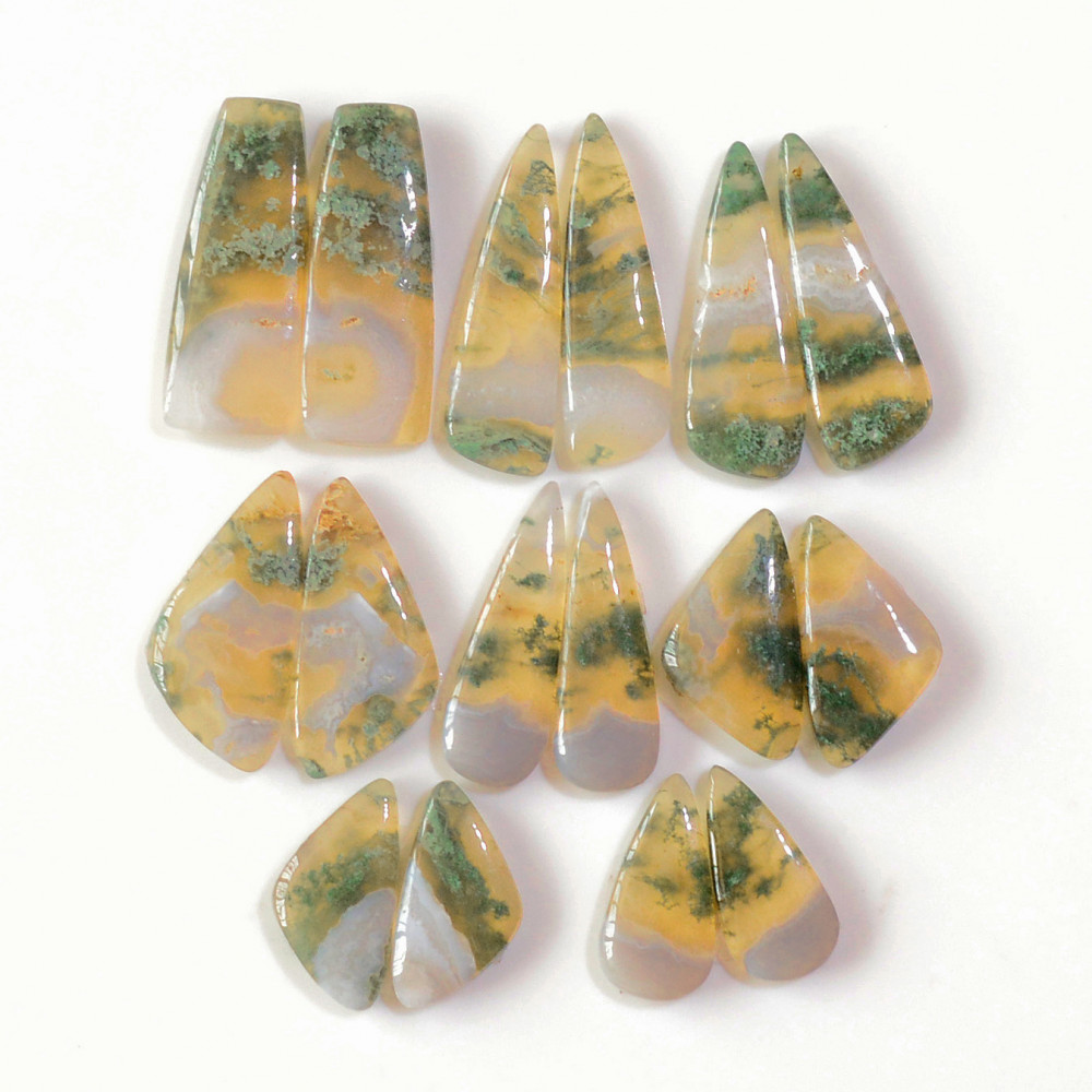 Image of 8 Pairs 163 Cts Natural Green Moss Agate Cabochon Gemstone Earrings Pairs Lot 29x9 18x9mm #18744