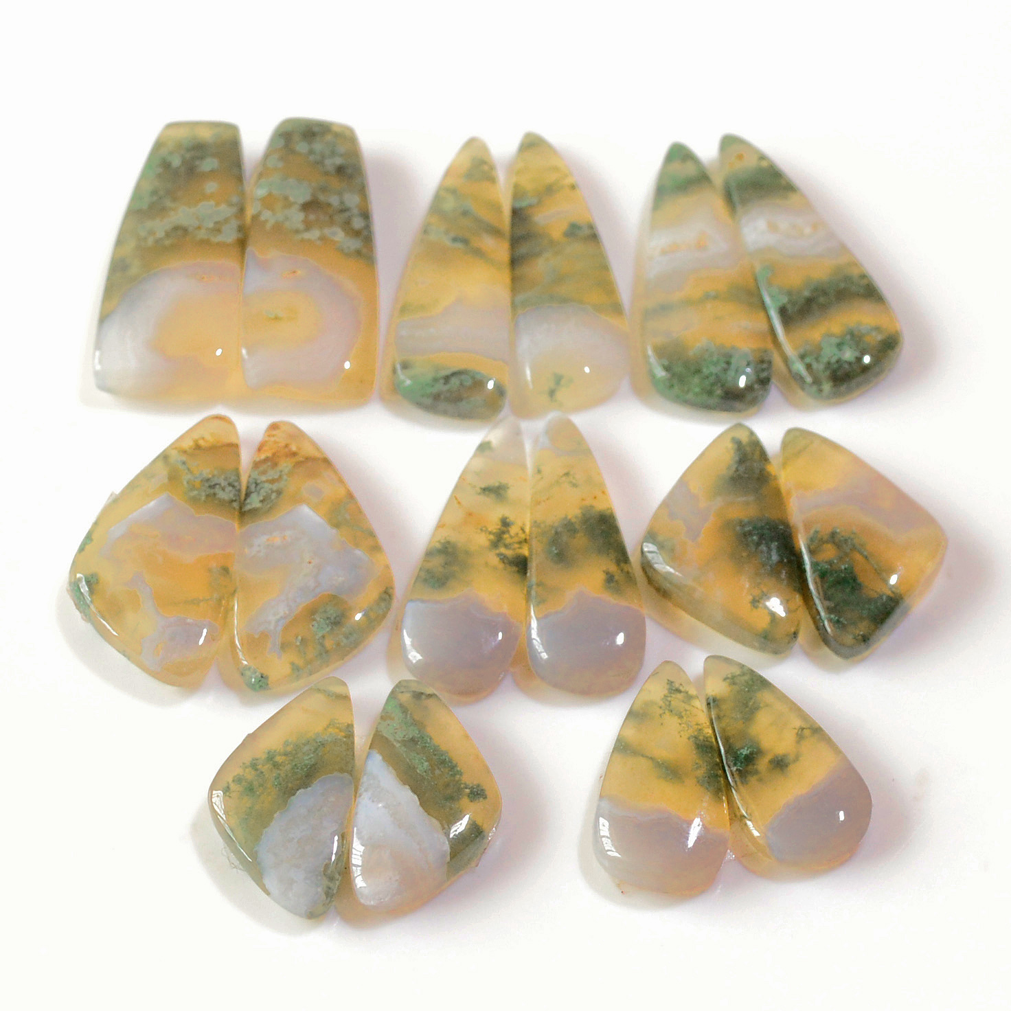 8 Pairs 163 Cts Natural Green Moss Agate Cabochon Gemstone Earrings Pairs Lot 29x9 18x9mm 18744