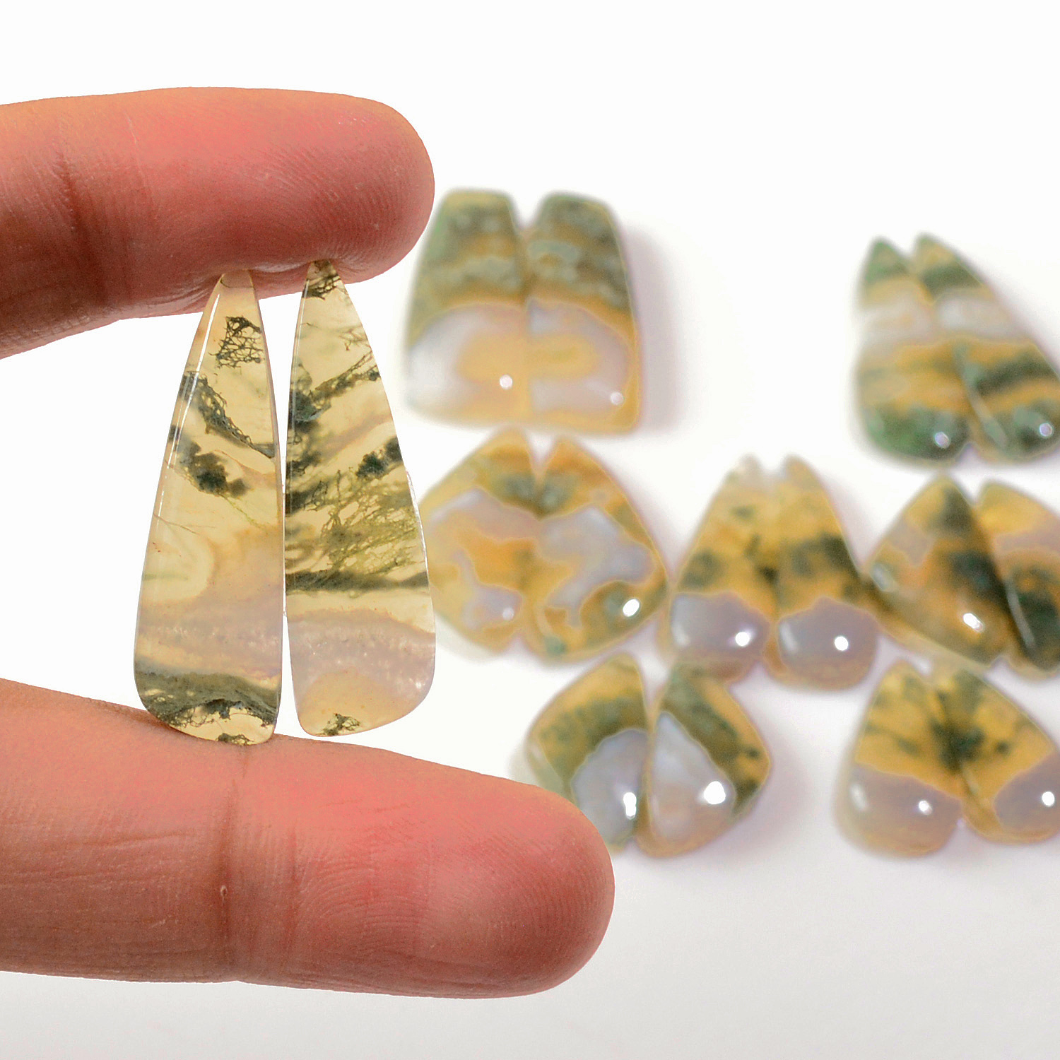 8 Pairs 163 Cts Natural Green Moss Agate Cabochon Gemstone Earrings Pairs Lot 29x9 18x9mm 18744