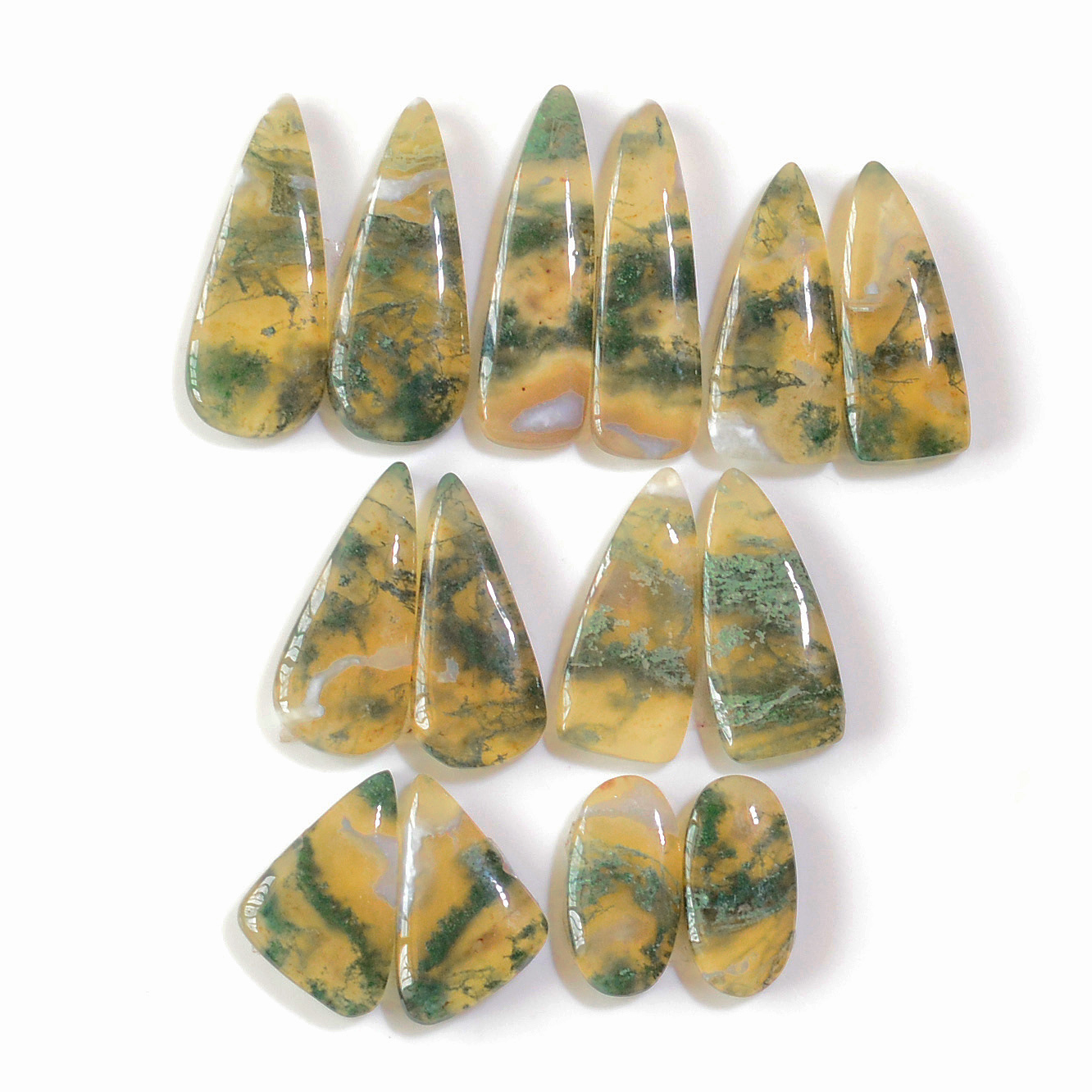 7 Pairs 134 Cts Natural Green Moss Agate Cabochon Gemstone Earrings Pairs Lot 28x7 16 x7mm 18745