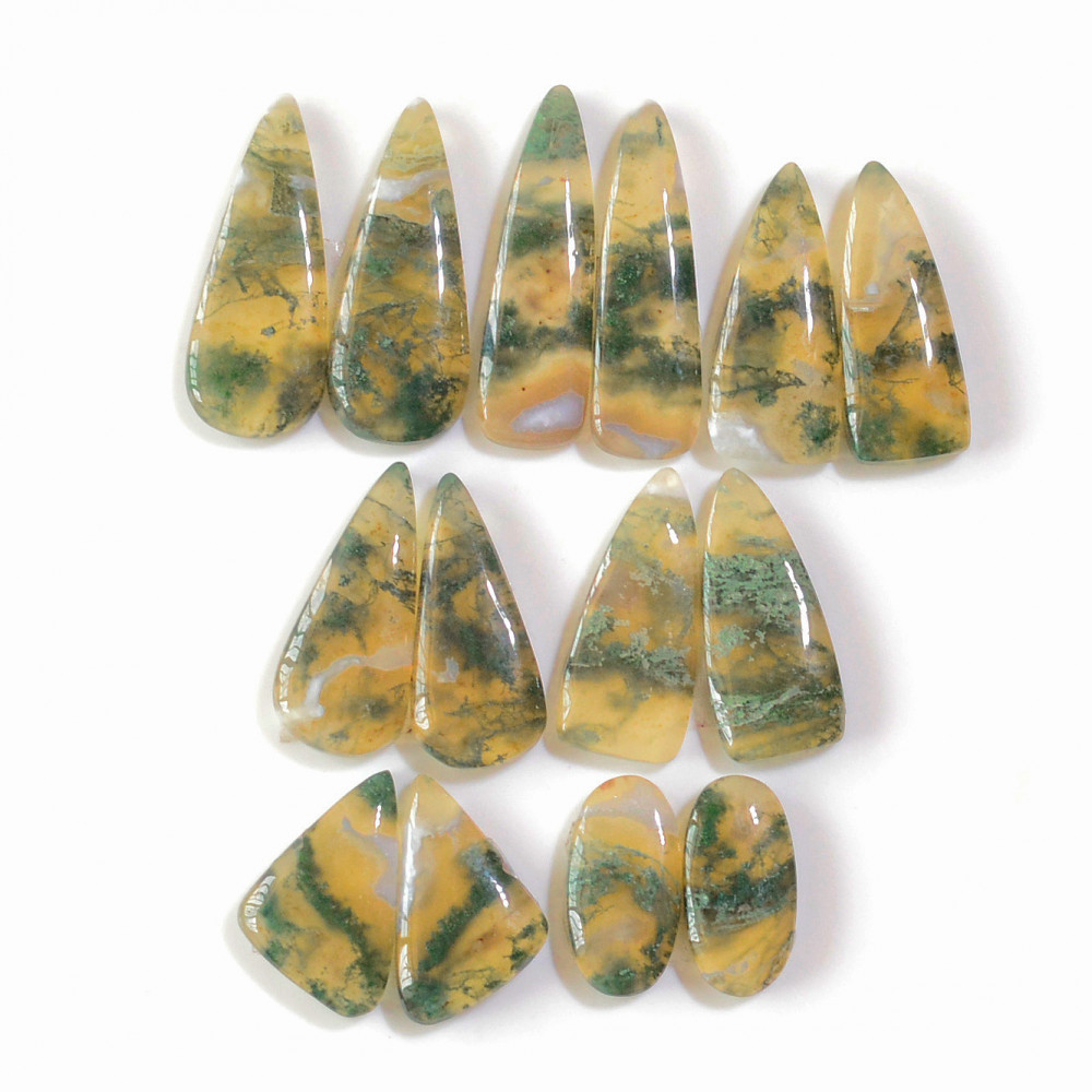 Image of 7 Pairs 134 Cts Natural Green Moss Agate Cabochon Gemstone Earrings Pairs Lot 28x7 16 x7mm #18745