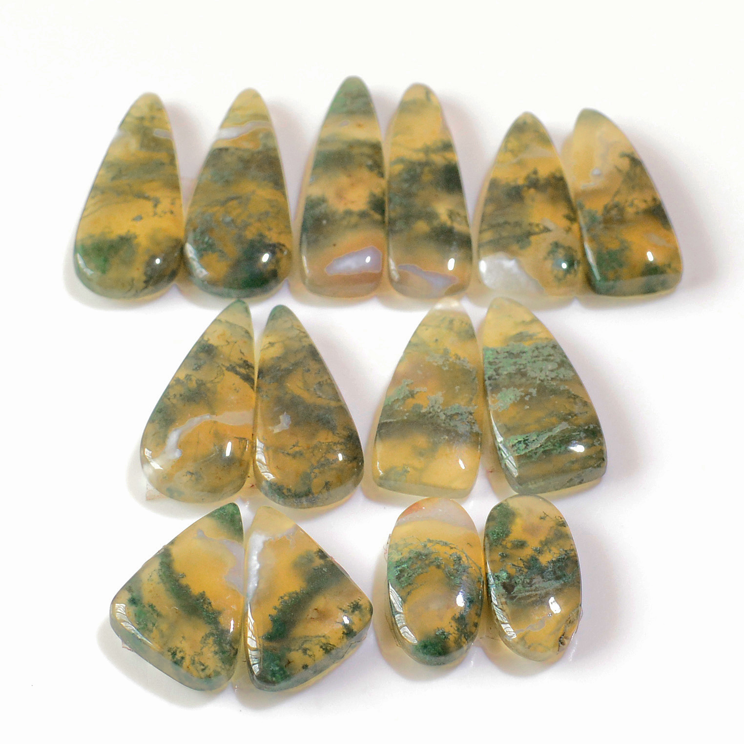 7 Pairs 134 Cts Natural Green Moss Agate Cabochon Gemstone Earrings Pairs Lot 28x7 16 x7mm 18745