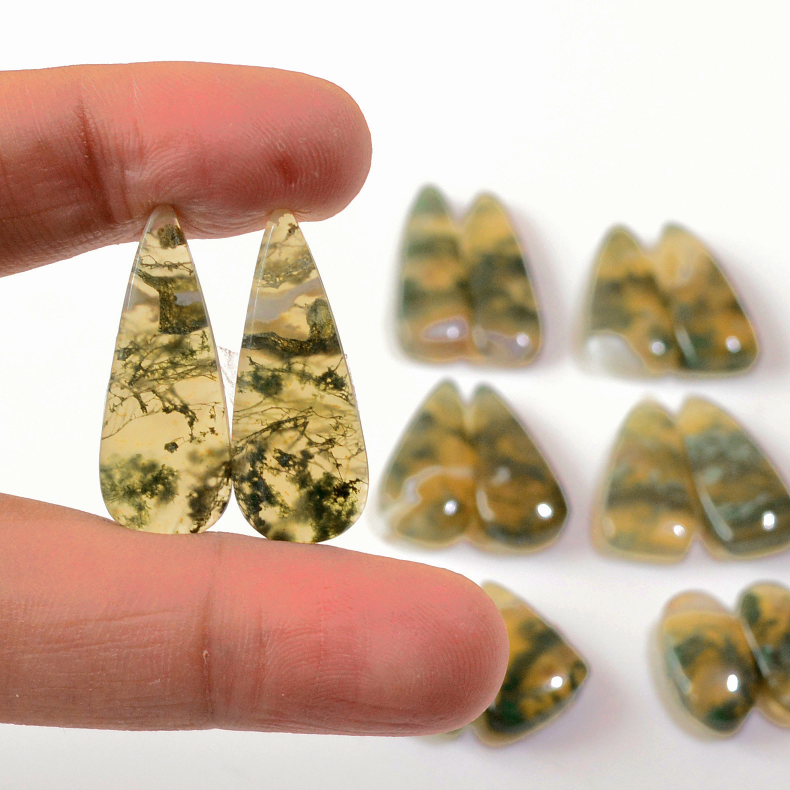 7 Pairs 134 Cts Natural Green Moss Agate Cabochon Gemstone Earrings Pairs Lot 28x7 16 x7mm 18745