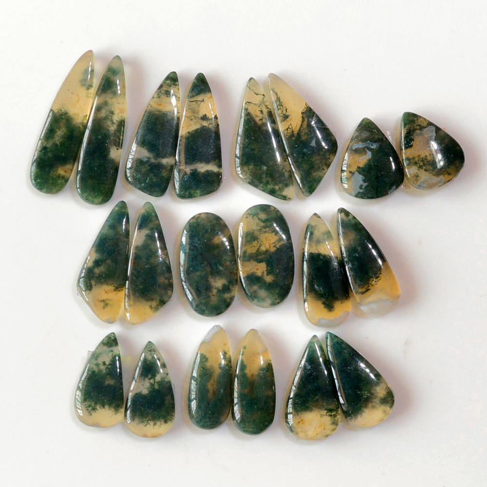 Image of 10 Pairs 142 Cts Natural Green Moss Agate Cabochon Gemstone Earrings Pairs Lot 28x6 17x8mm #18747