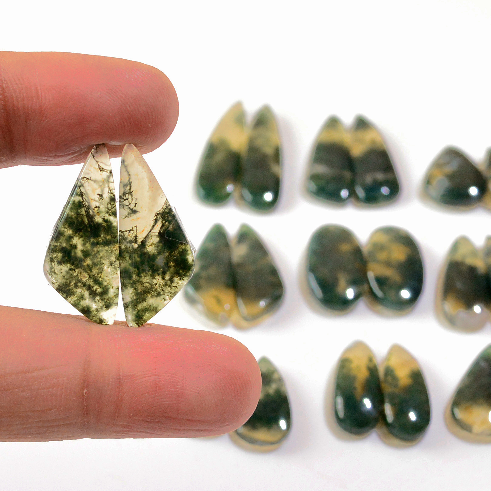 10 Pairs 142 Cts Natural Green Moss Agate Cabochon Gemstone Earrings Pairs Lot 28x6 17x8mm 18747