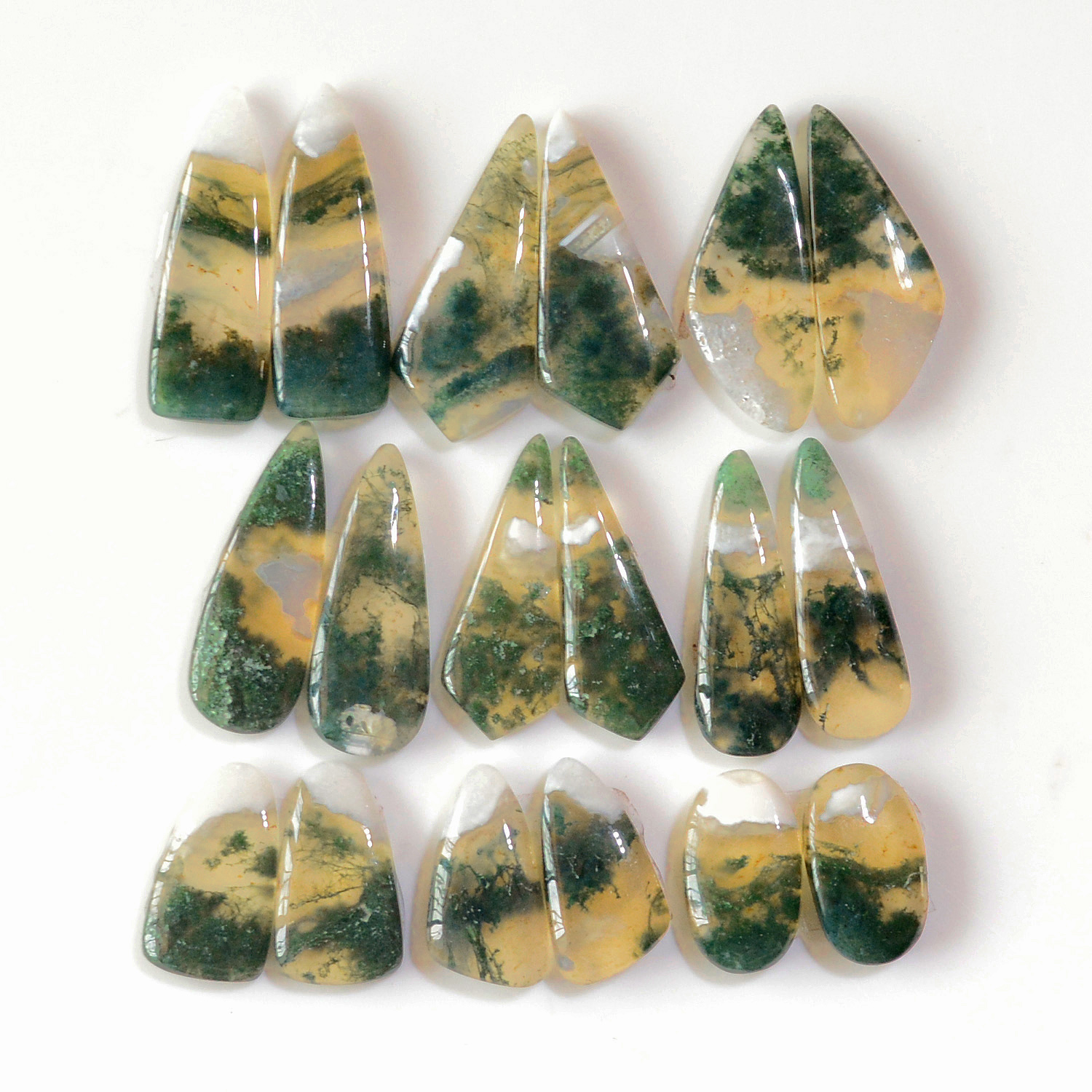 9 Pairs 154 Cts Natural Green Moss Agate Cabochon Gemstone Earrings Pairs Lot 27x8 15x8mm 18748