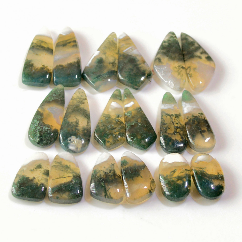 Image of 9 Pairs 154 Cts Natural Green Moss Agate Cabochon Gemstone Earrings Pairs Lot 27x8 15x8mm #18748
