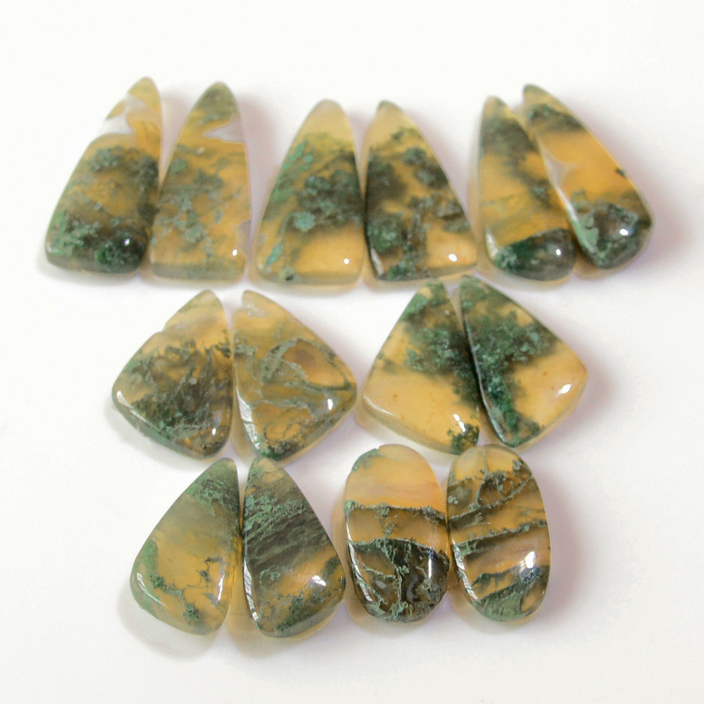 Image of 7 Pairs 120 Cts Natural Green Moss Agate Cabochon Gemstone Earrings Pairs Lot 27x9 18x8mm #18749