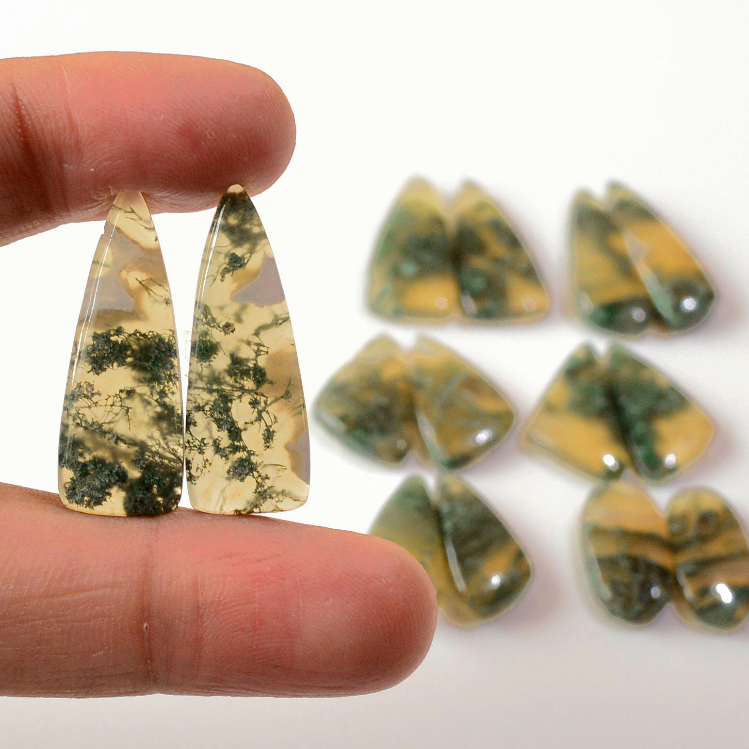 7 Pairs 120 Cts Natural Green Moss Agate Cabochon Gemstone Earrings Pairs Lot 27x9 18x8mm 18749