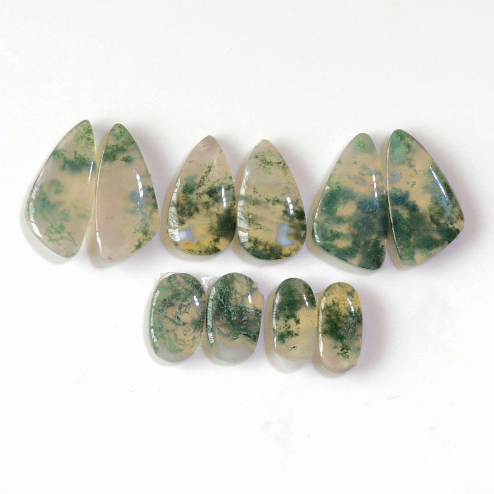 Image of 5 Pairs 72 Cts Natural Green Moss Agate Cabochon Gemstone Earrings Pairs Lot 22x11 13x7mm #18751
