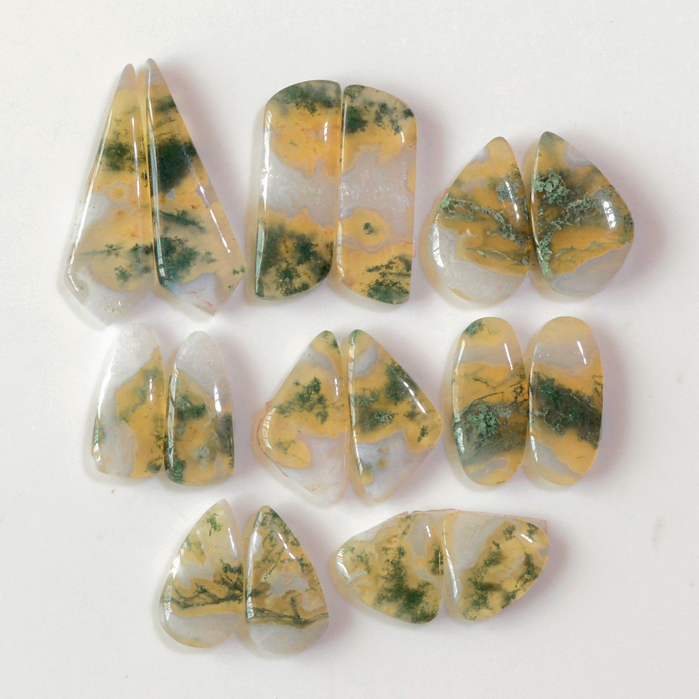 Image of 8 Pairs 150 Cts Natural Green Moss Agate Cabochon Gemstone Earrings Pairs Lot 34x10 18x9mm #18752