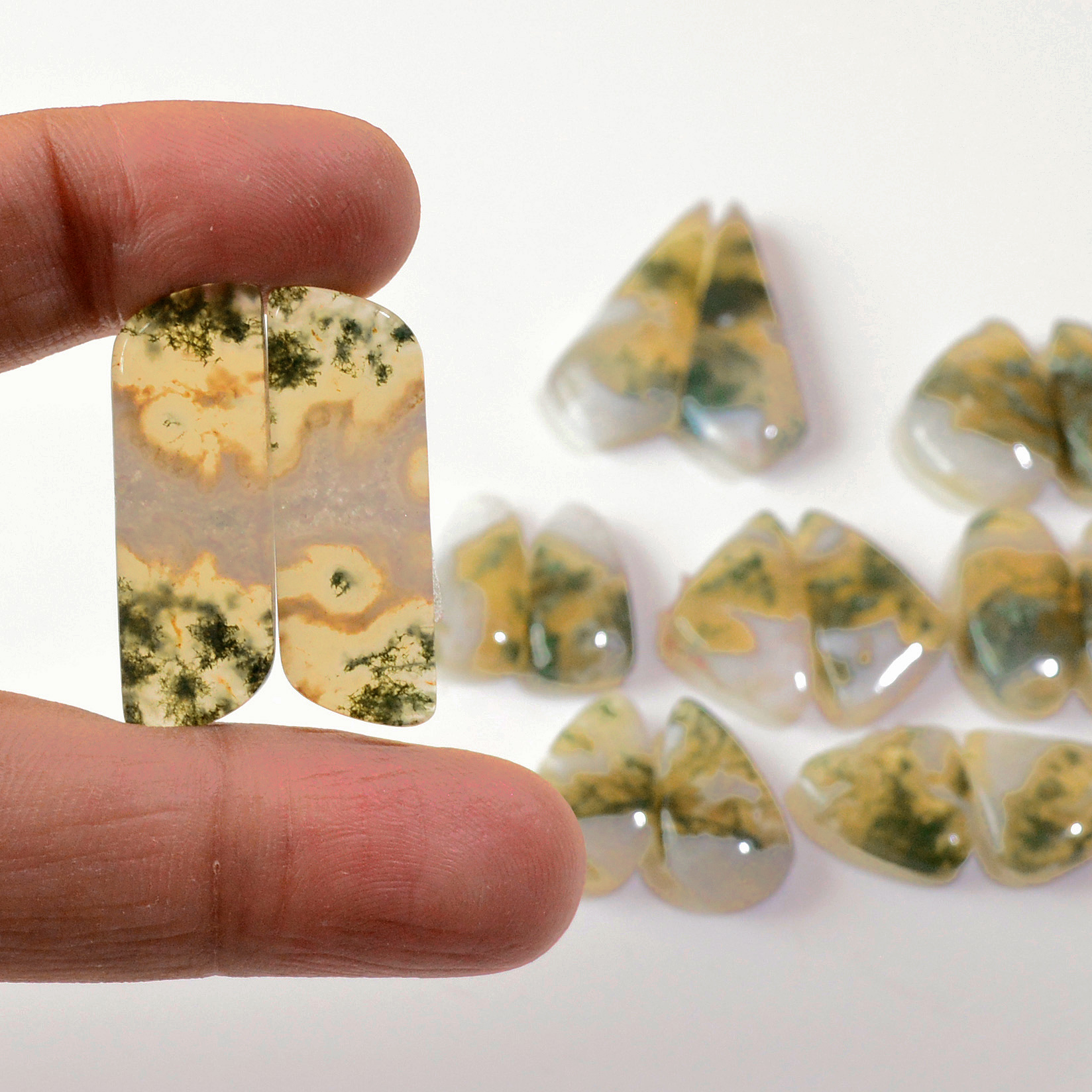 8 Pairs 150 Cts Natural Green Moss Agate Cabochon Gemstone Earrings Pairs Lot 34x10 18x9mm 18752