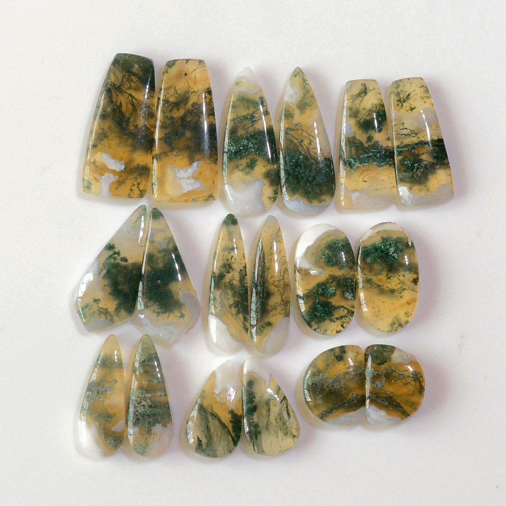 Image of 9 Pairs 166 Cts Natural Green Moss Agate Cabochon Gemstone Earrings Pairs Lot 26x11 13x10mm #18753