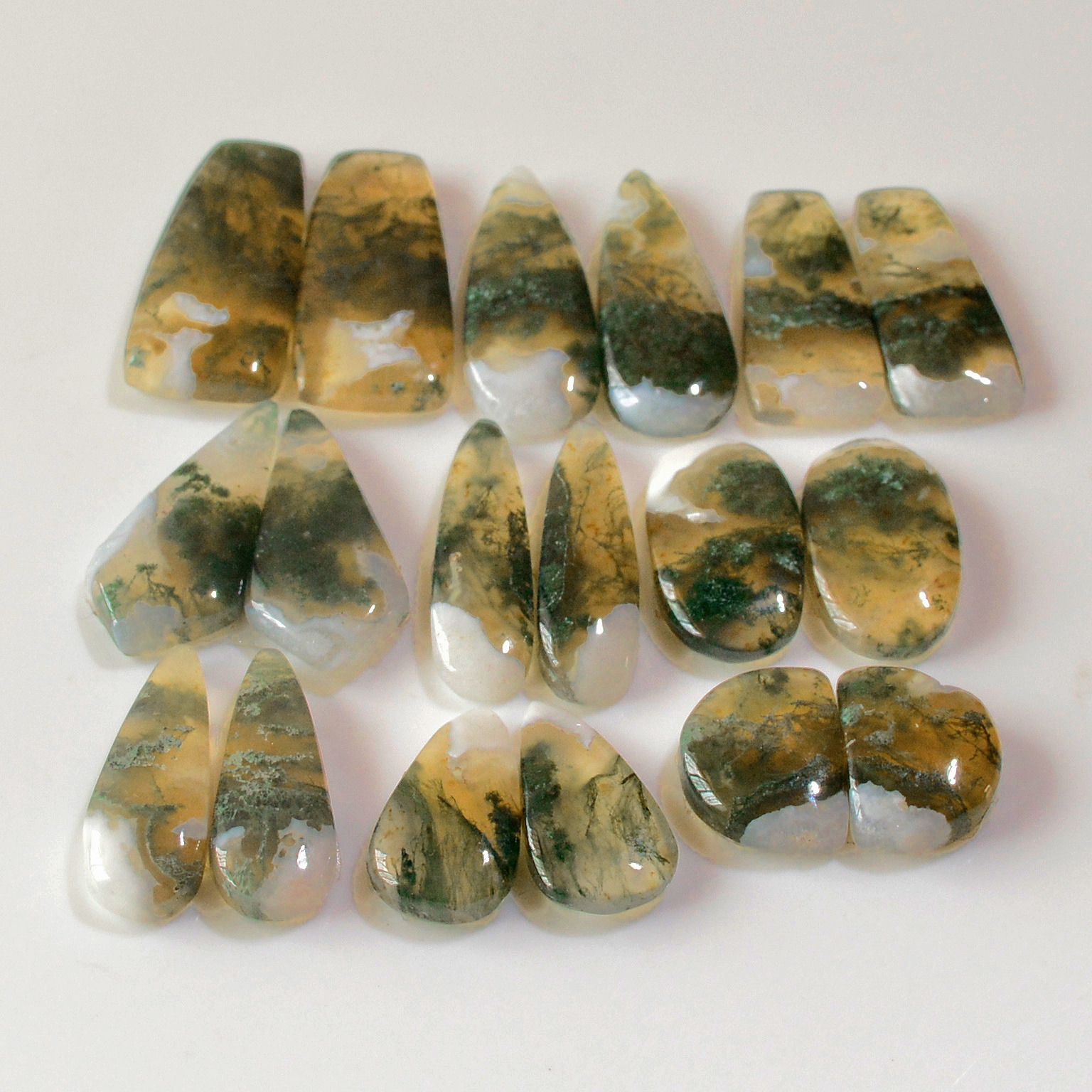 9 Pairs 166 Cts Natural Green Moss Agate Cabochon Gemstone Earrings Pairs Lot 26x11 13x10mm 18753