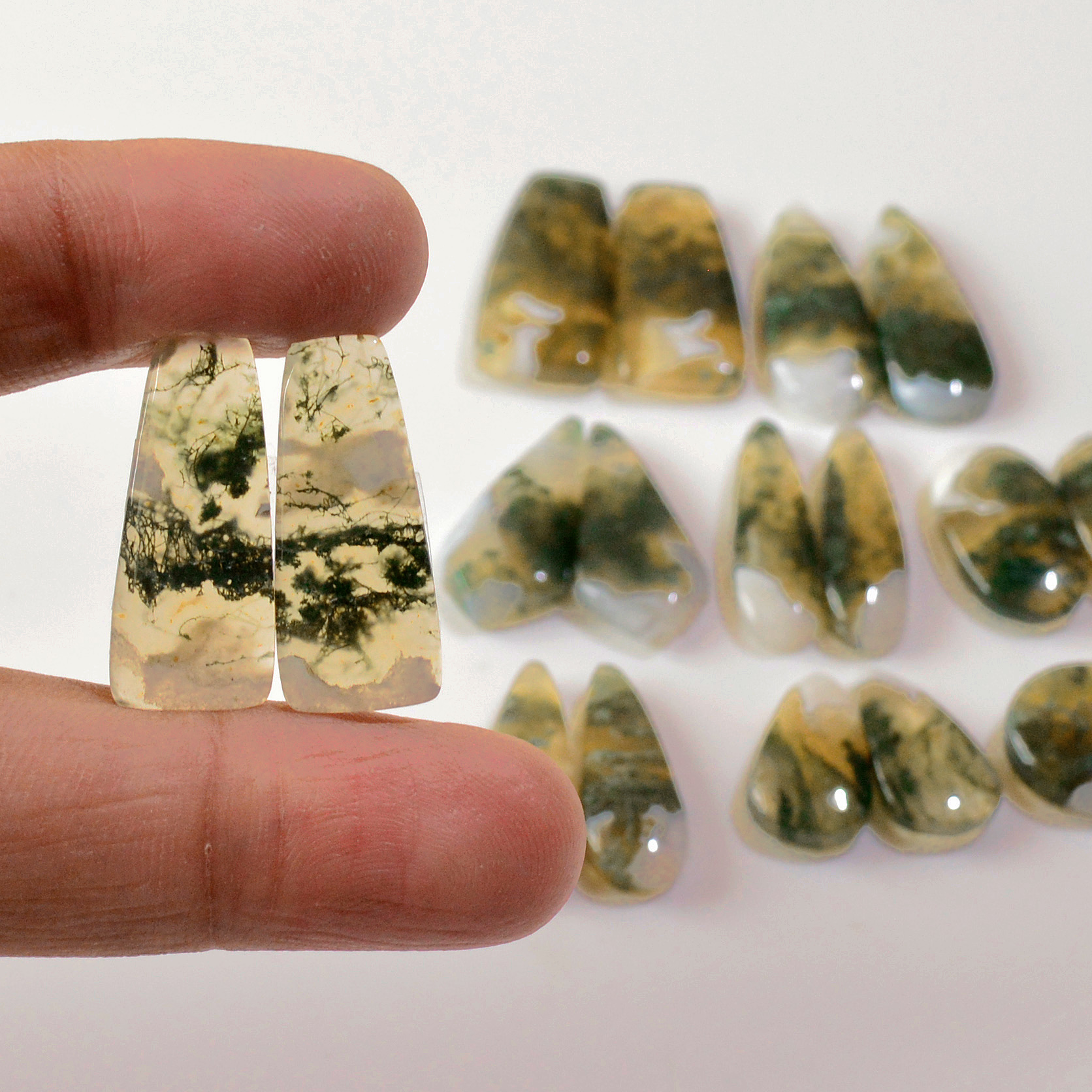 9 Pairs 166 Cts Natural Green Moss Agate Cabochon Gemstone Earrings Pairs Lot 26x11 13x10mm 18753