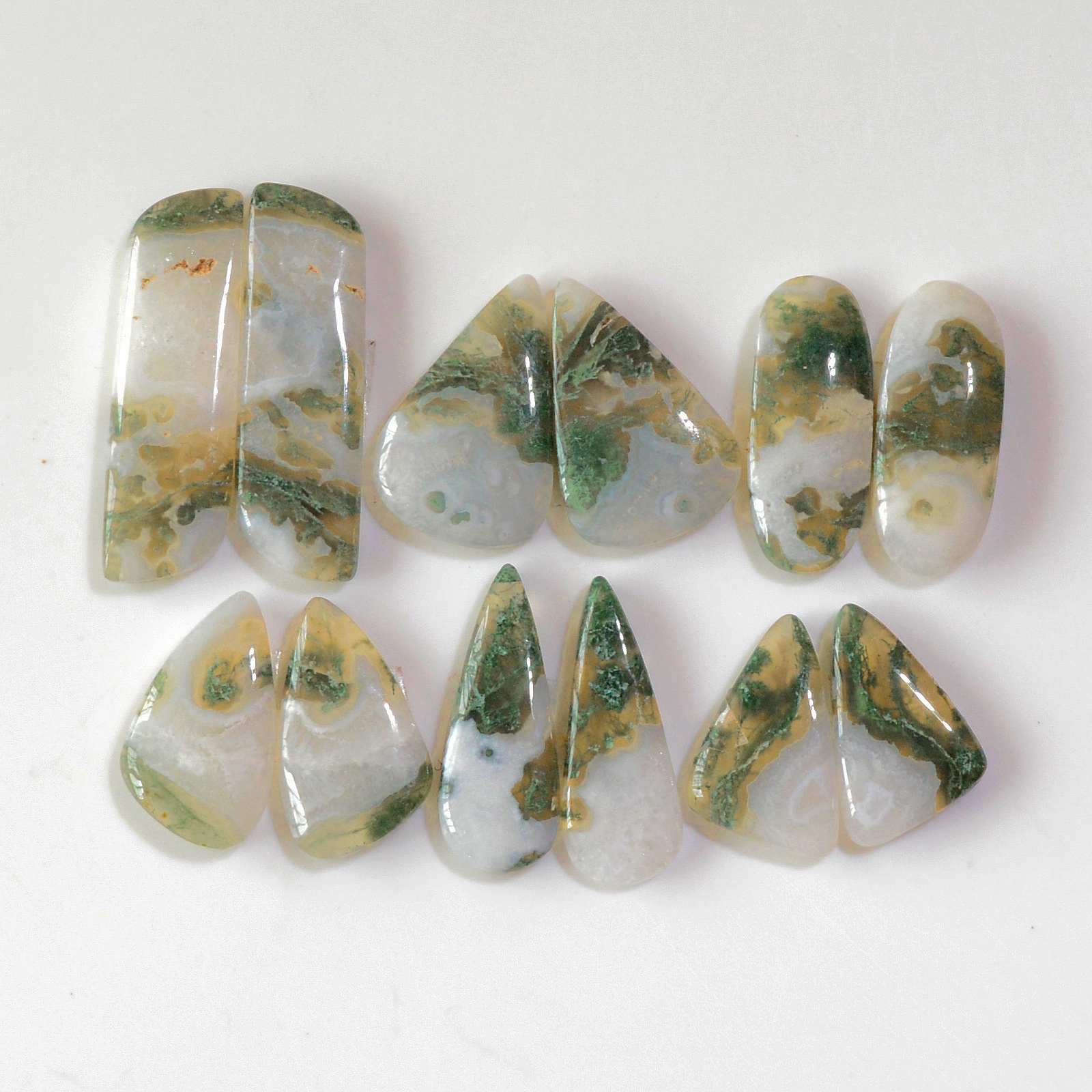 6 Pairs 134 Cts Natural Green Moss Agate Cabochon Gemstone Earrings Pairs Lot 32x8 19x10mm 18754