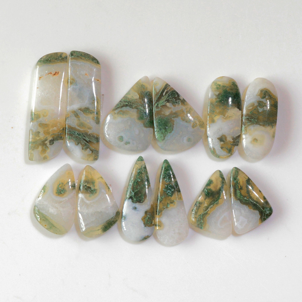 Image of 6 Pairs 134 Cts Natural Green Moss Agate Cabochon Gemstone Earrings Pairs Lot 32x8 19x10mm #18754